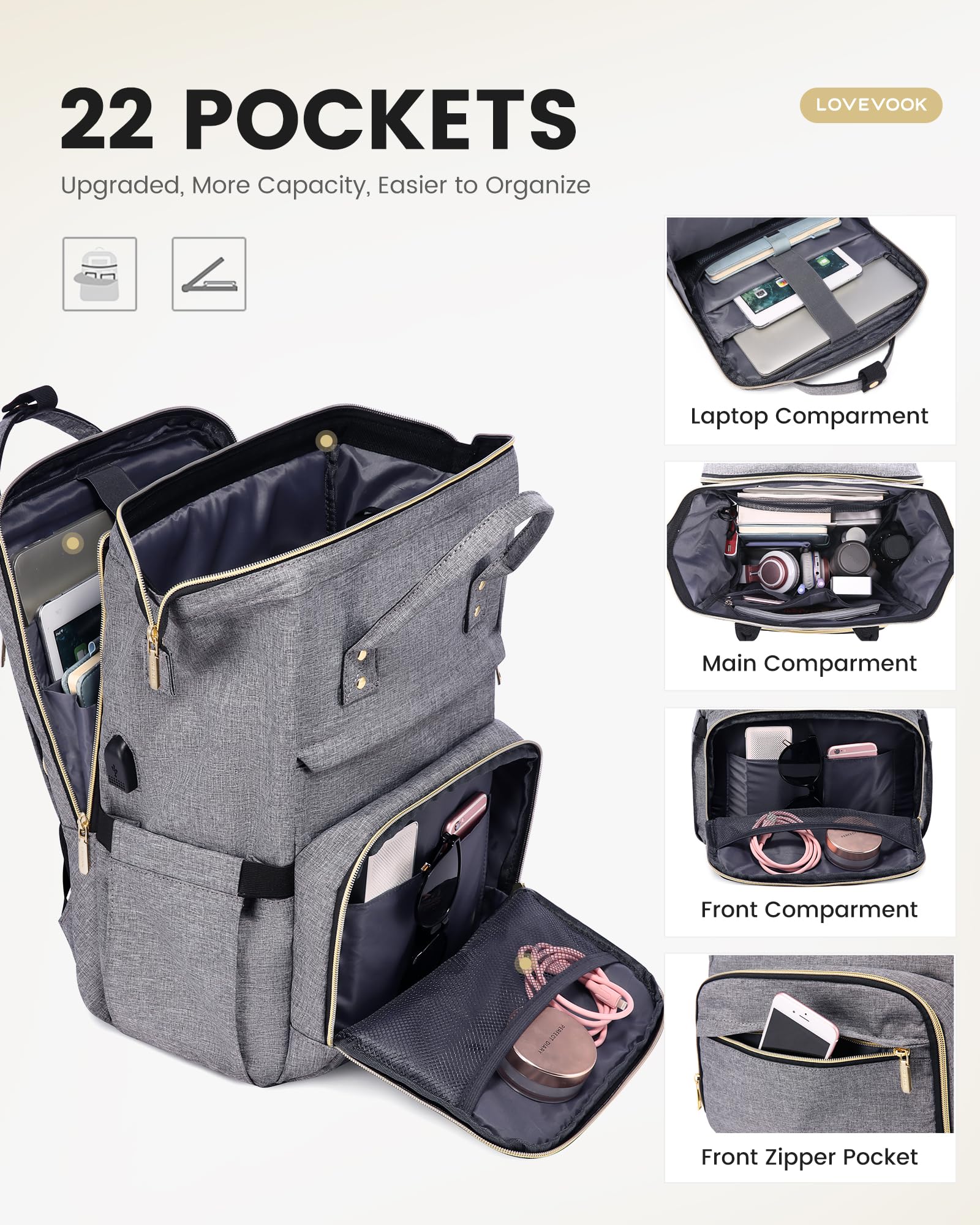 LOVEVOOK Laptop Backpack for Women with Giant Tumbler Holder Pocket, 15.6 Inch Work Daypack for Teacher Nurse, Computer College Bookbag Purse, Waterproof Travel Back Pack with USB Charging Port