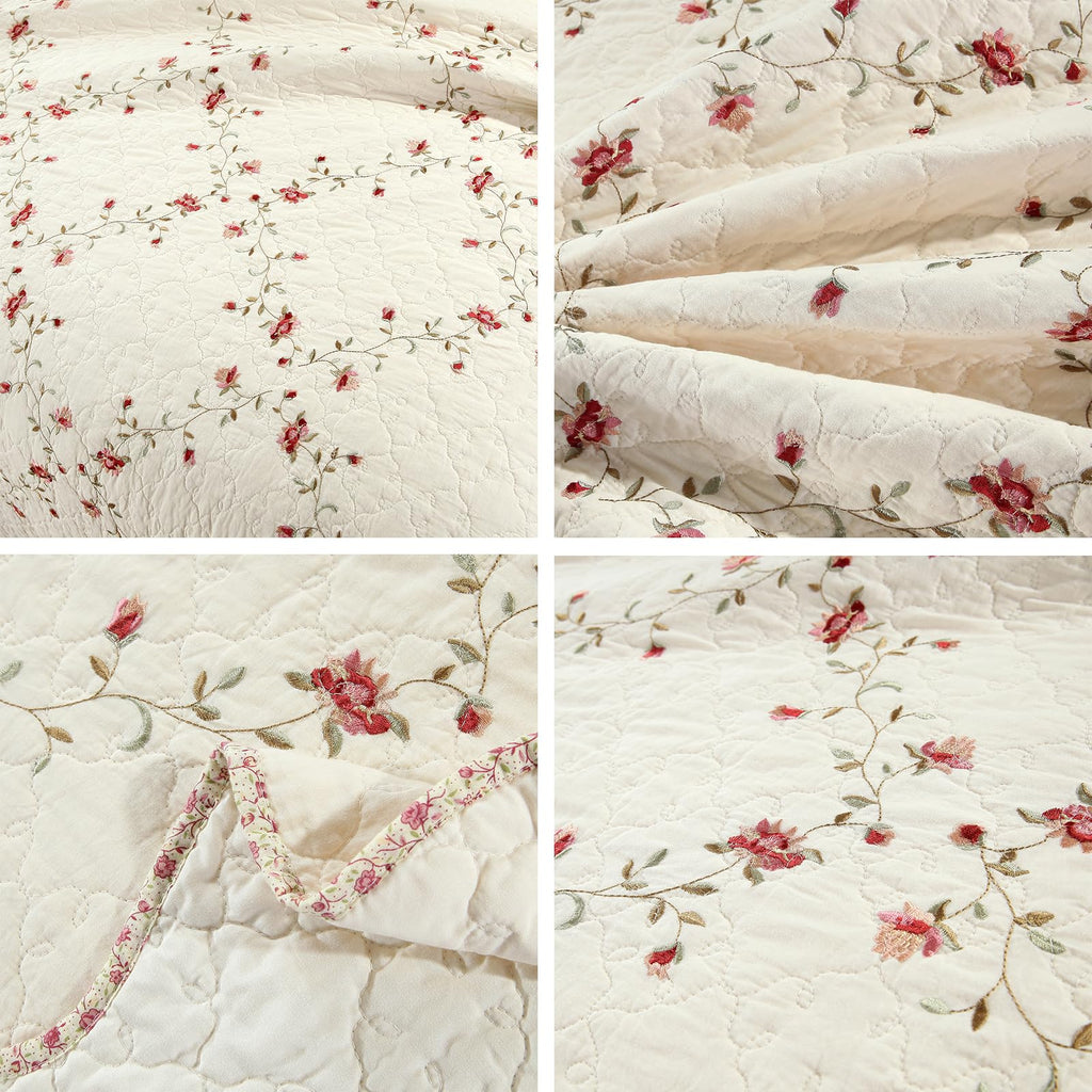 vctops 3-Piece Floral Embroidered Bedspread Coverlet Set Twin Size 100% Cotton Reversible Patchwork 1 Quilt and 2 Pillow Shams (Flower,Twin)