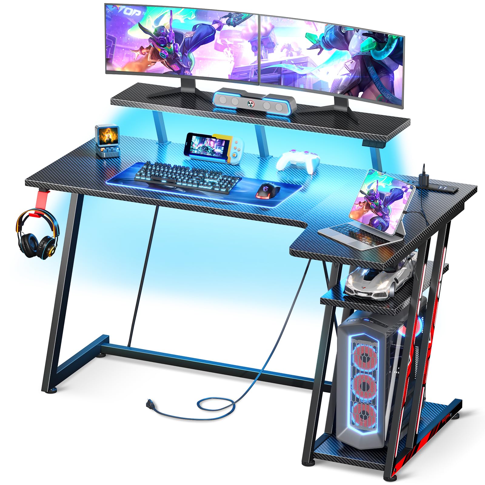 MOTPK Gaming Desk with LED Lights & Power Outlets, 47 Inch L Shaped Computer Desk with Storage Shelf, & Monitor Stand, PC Gaming Table with Carbon Fiber Texture, Black