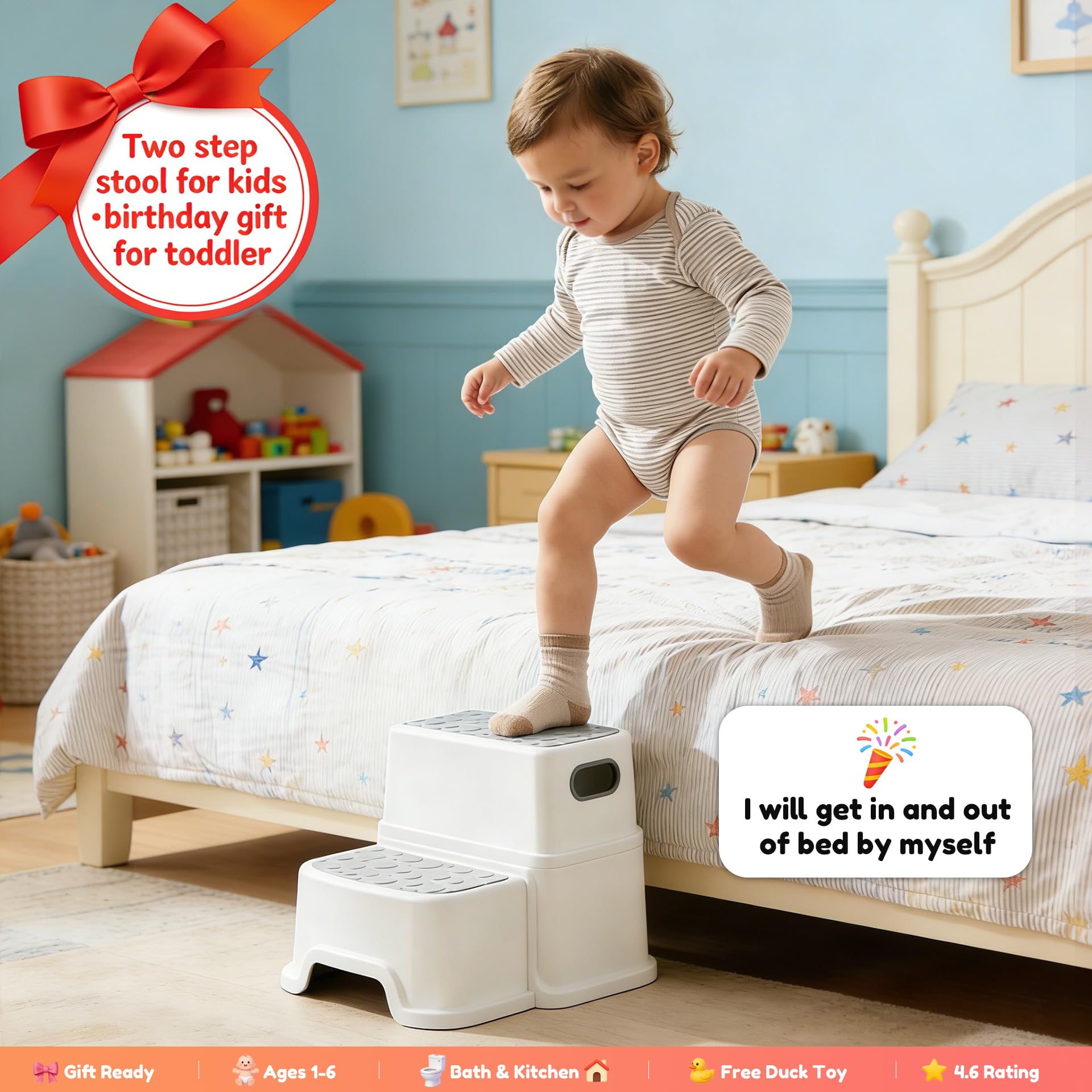 UNCLE WU Toddler Step Stool for Potty Training, Bathroom Sink & Toilet - 2 Step Kids Poop Stool, Non-Slip Step Stool with Handles, Dual Height Stepping Stool for Kitchen Counter (Include 2 Ducks)