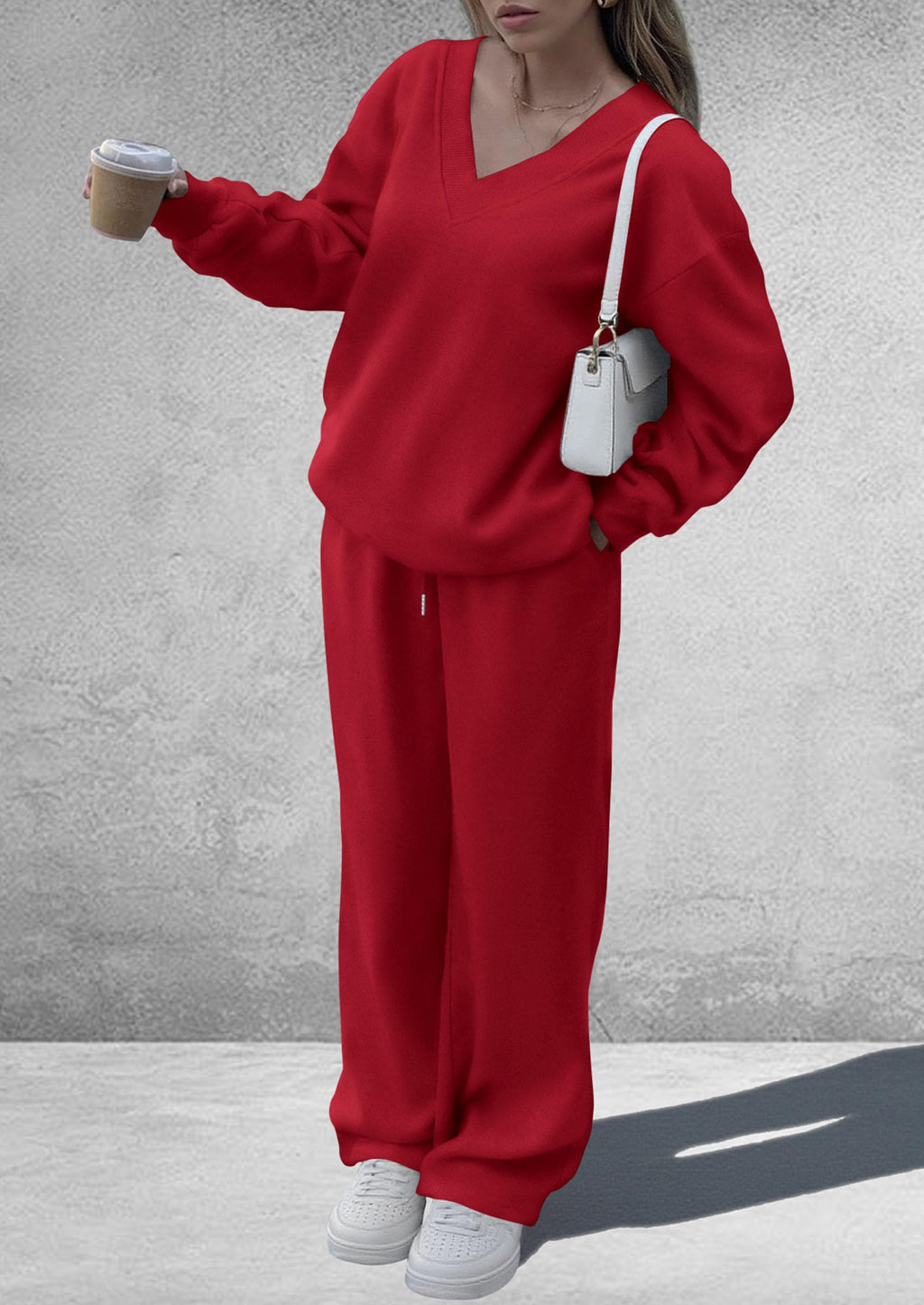 PRETTYGARDEN Casual Winter Two Piece Sets for Women 2026 V Neck Sweatshirt Loose Wide Leg Pants Tracksuit Knit Fall Outfits