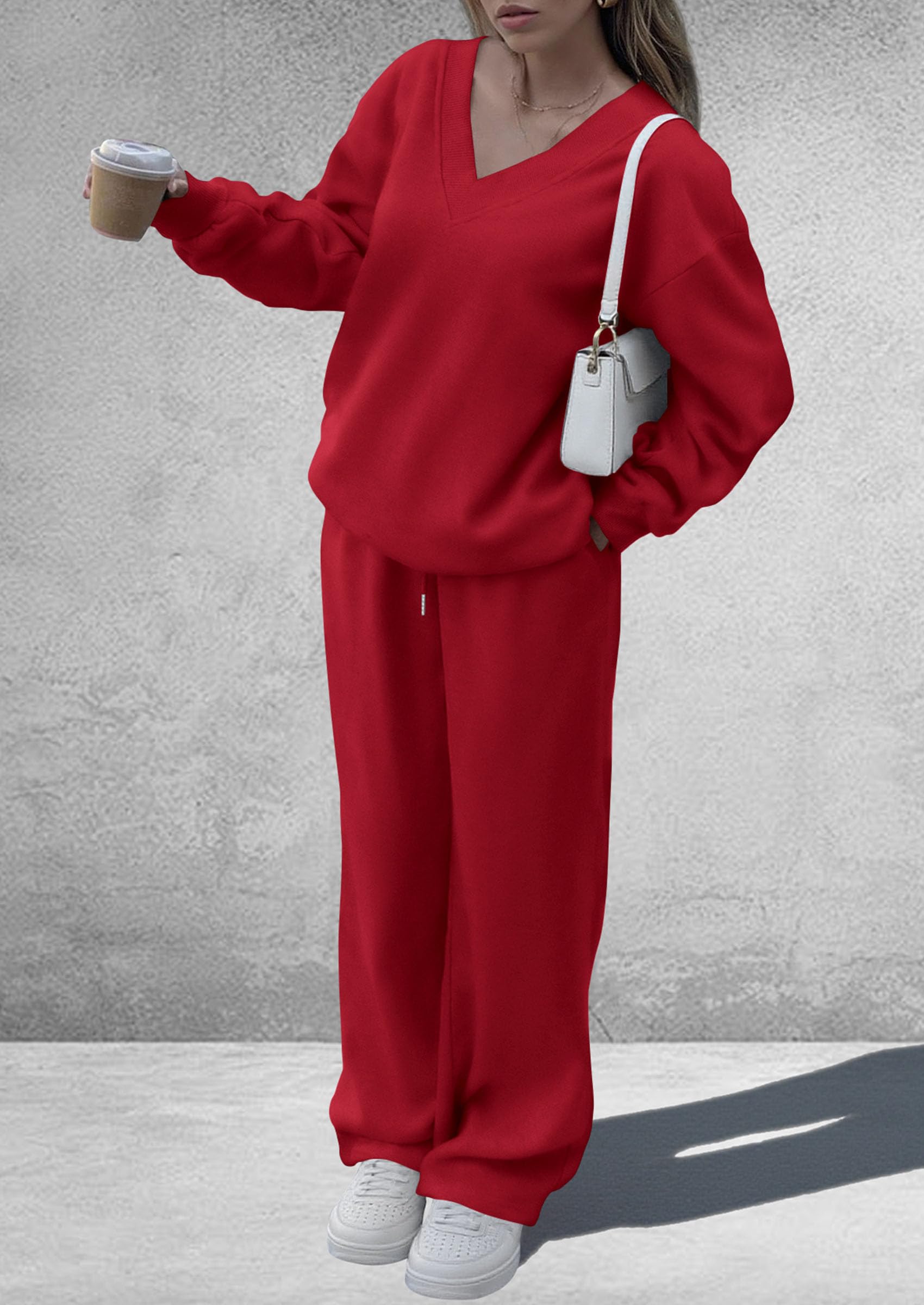 PRETTYGARDEN Casual Winter Two Piece Sets for Women 2026 V Neck Sweatshirt Loose Wide Leg Pants Tracksuit Knit Fall Outfits