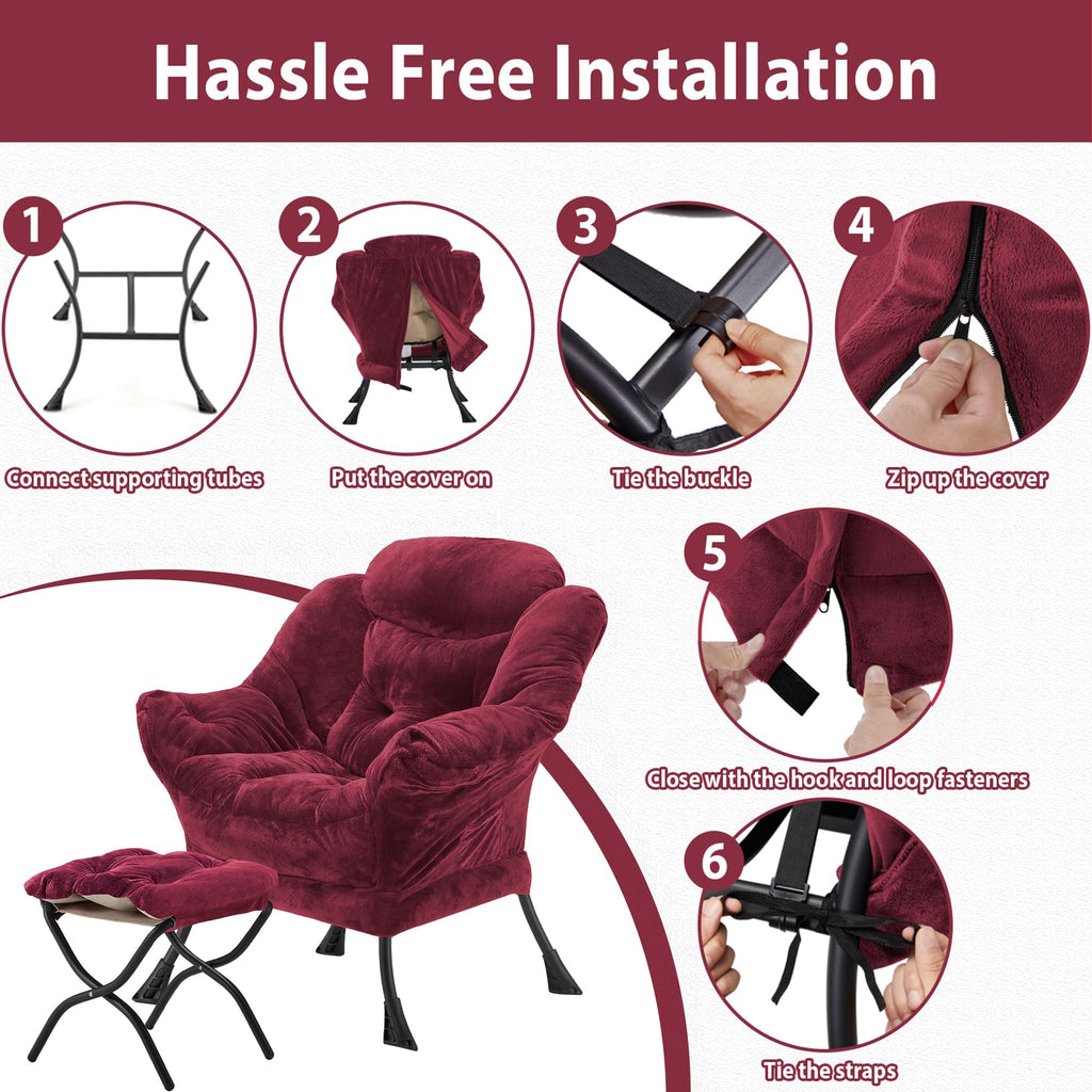 Youtanic Lazy Chair with Folding Ottoman, Accent Chair Velvet Upholstered with Metal Structure and Non-Slip Pads, Sofa Armchair with Footrest and Side Storage Bag for Dorm, Room, Office, Beige