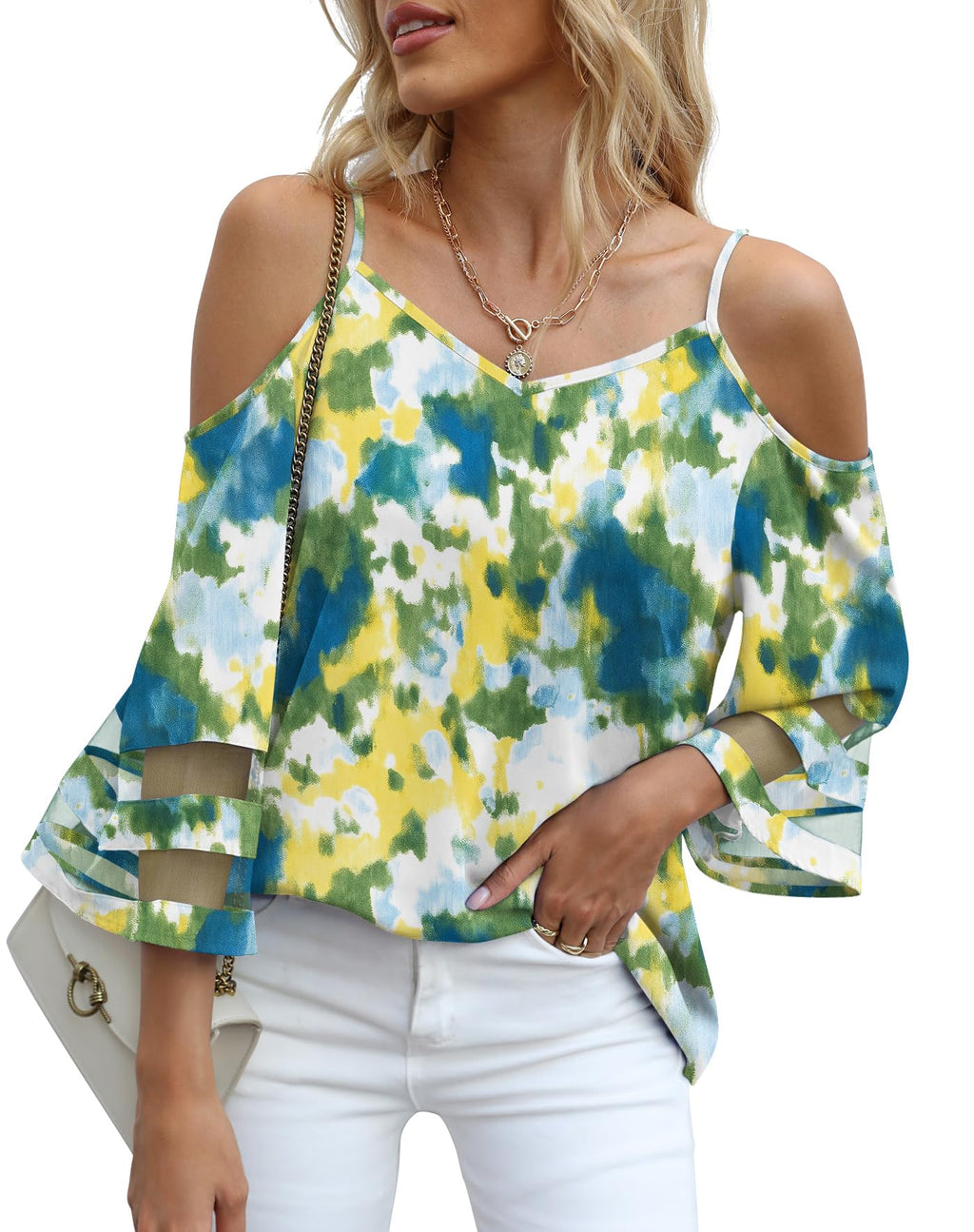 Jouica Womens Summer Cold Shoulder Tops Mesh Panel 3/4 Bell Sleeve Tees Adjustable Spaghetti Strap Loose Fit Shirts