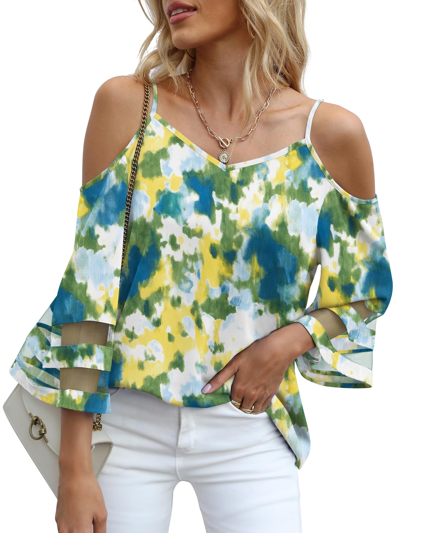 Jouica Womens Summer Cold Shoulder Tops Mesh Panel 3/4 Bell Sleeve Tees Adjustable Spaghetti Strap Loose Fit Shirts