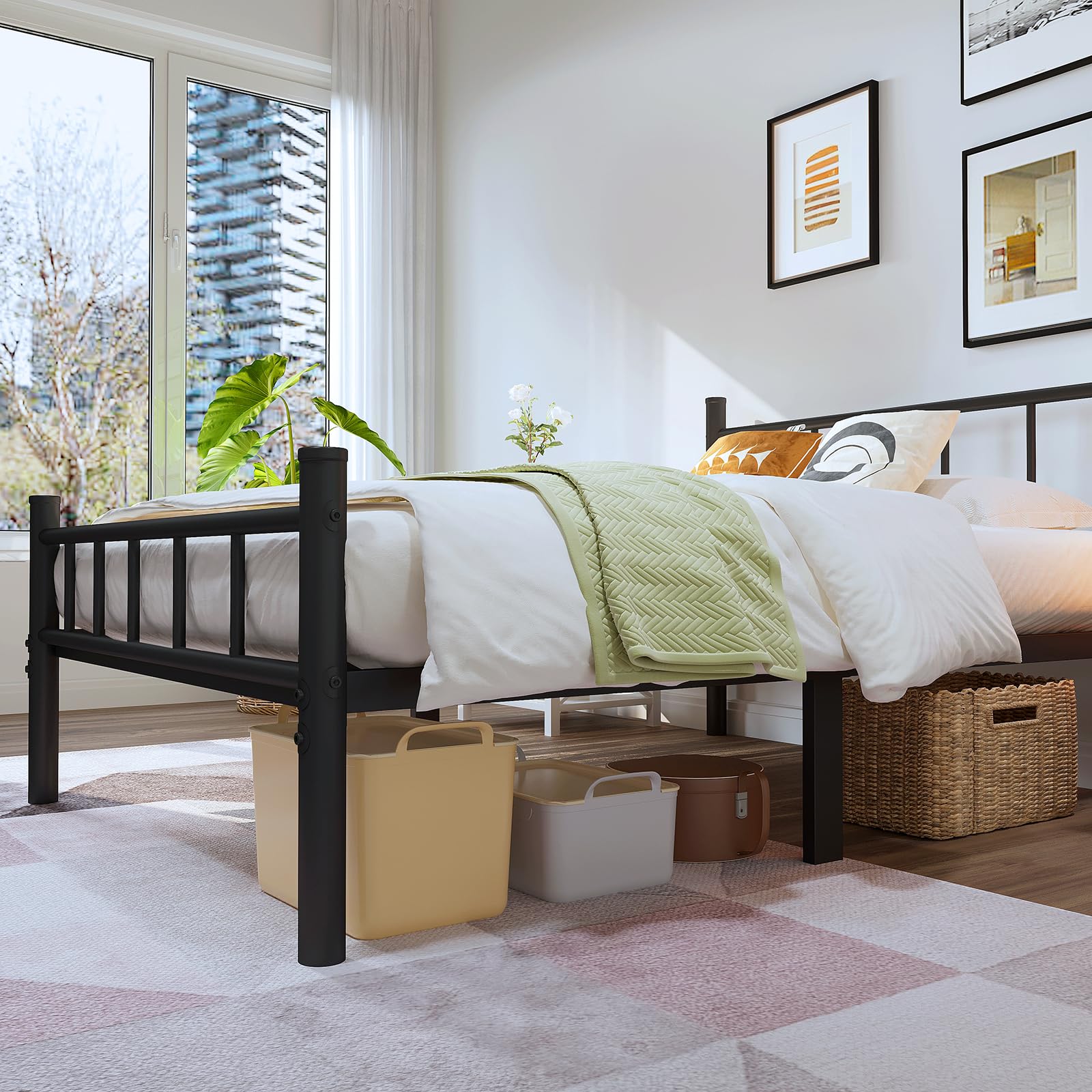 zizin Twin Size Metal Bed Frame with Headboard & Footboard 14 Inch Metal Platform Mattress Foundation Support with Steel Slat, Under Bed Storage, No Box Spring Needed