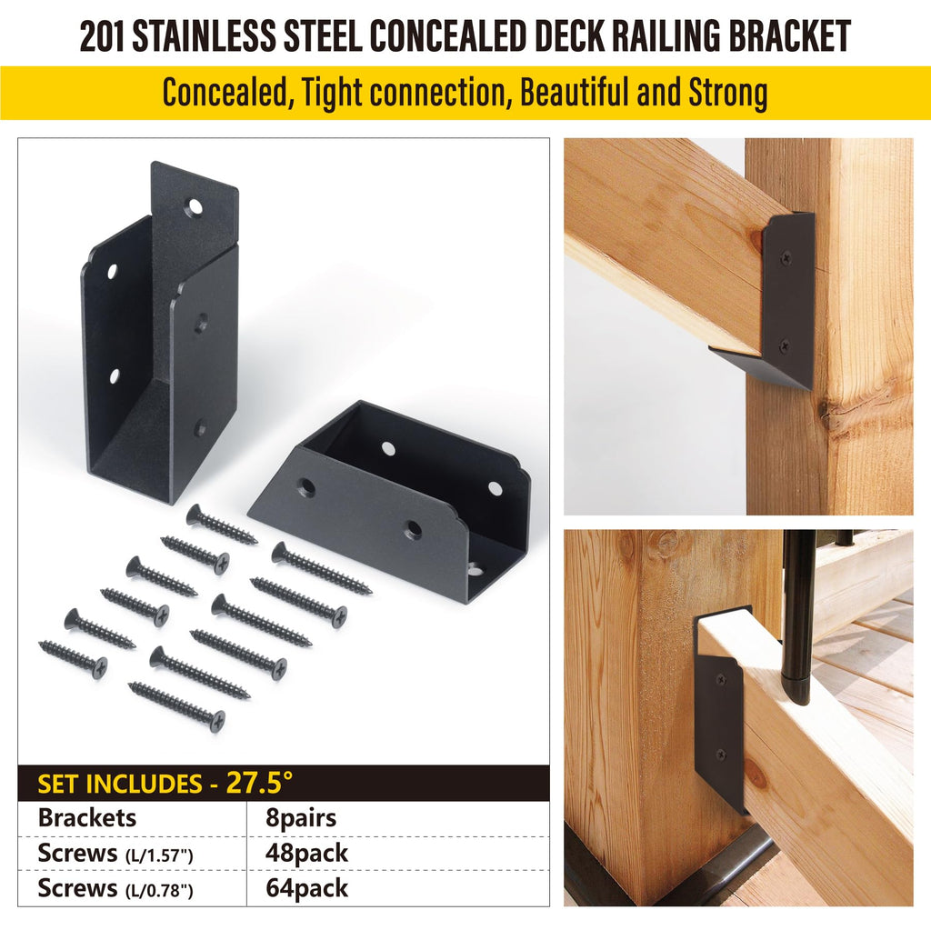 AECXM 201 Stainless Steel 2" x 4" (1 ½" x 3 ½" Actual) Deck Railing 27.5° Stair Connectors, for Deck Railing Stair Handrail Connection Installation Deck Railing Bracket (4 Pair-Black)
