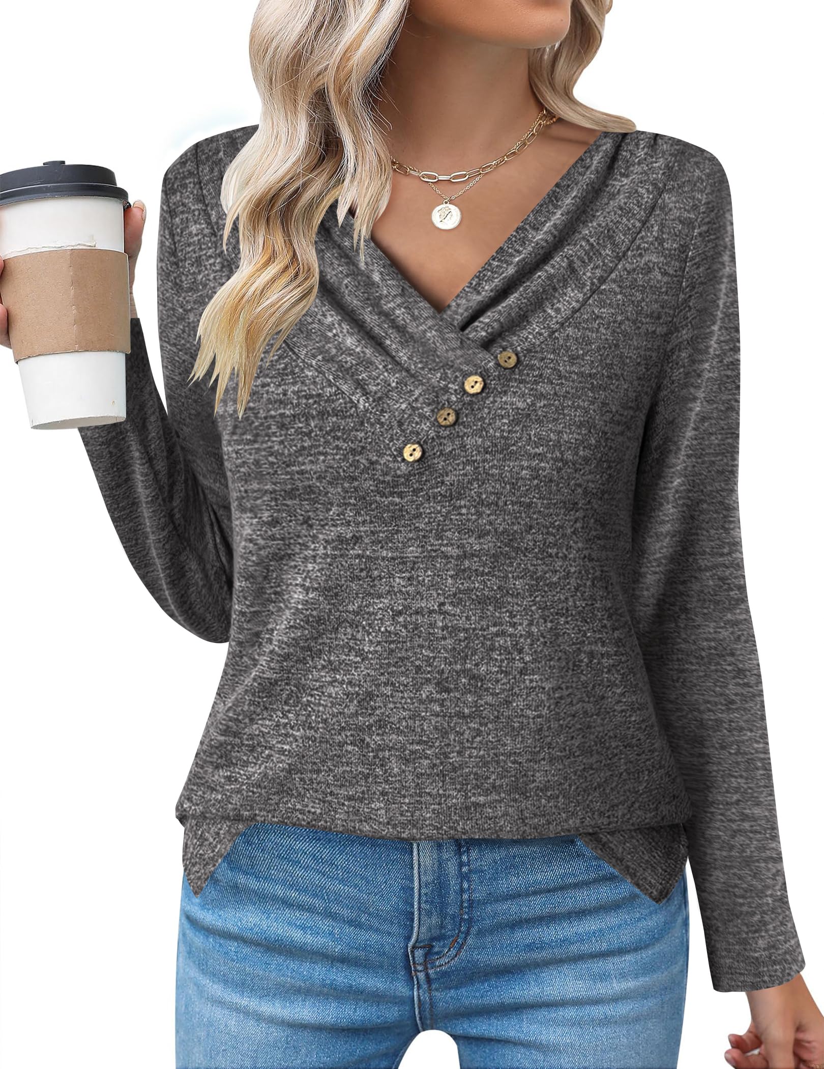 Zeagoo Women's Casual Tunic Tops Long Sleeve Shirts for Leggings V Neck Button Fall Pullover Blouse Loose Sweatshirts