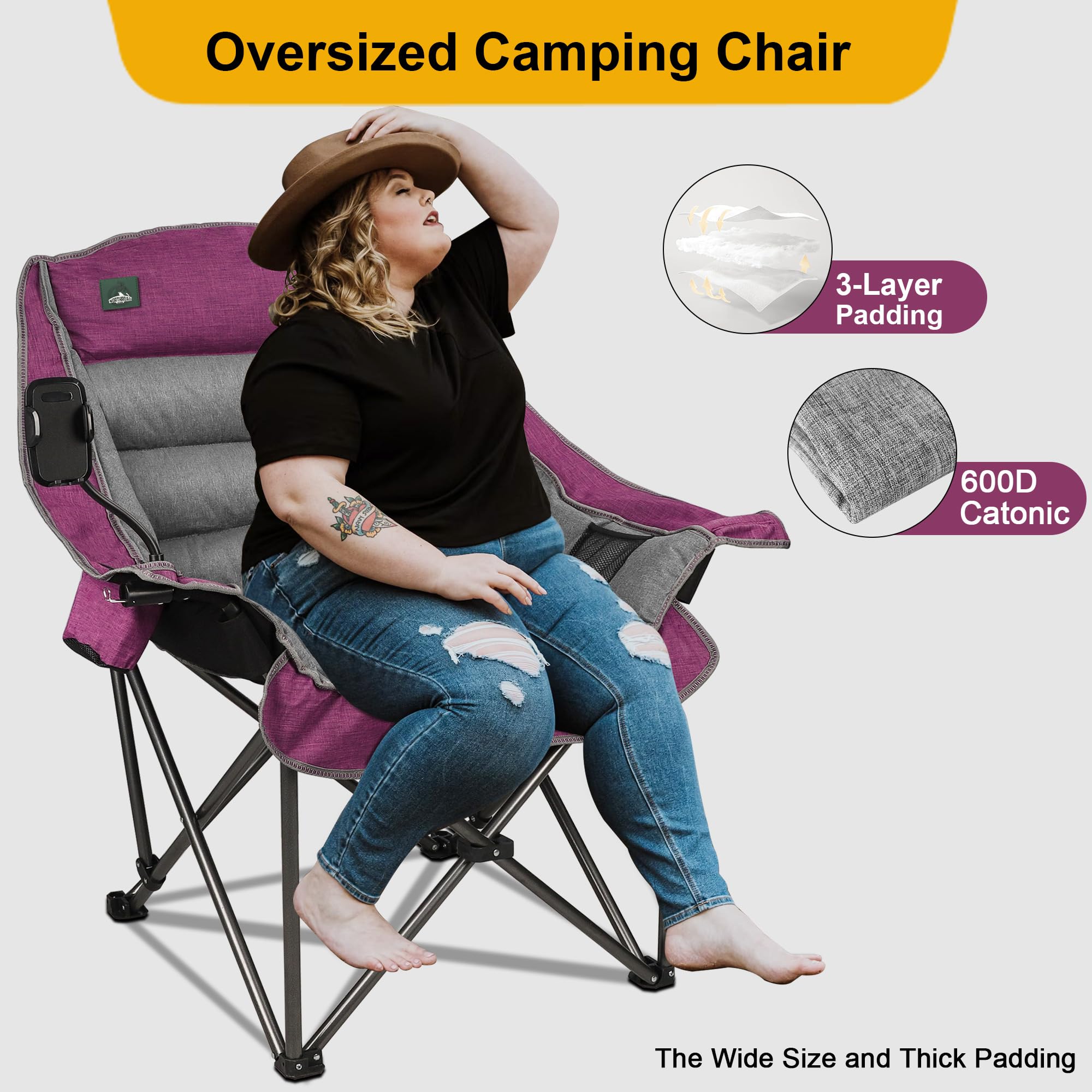 Northroad Oversized XL Padded Camping Chair w/Cell Phone Holder, Large Camp Chair, Foldable Lawn Chair w/Cup Holder,Carry Bag for Outdoor Hiking, Picnics, Heavy-Duty 400-lbs Capacity, Moca