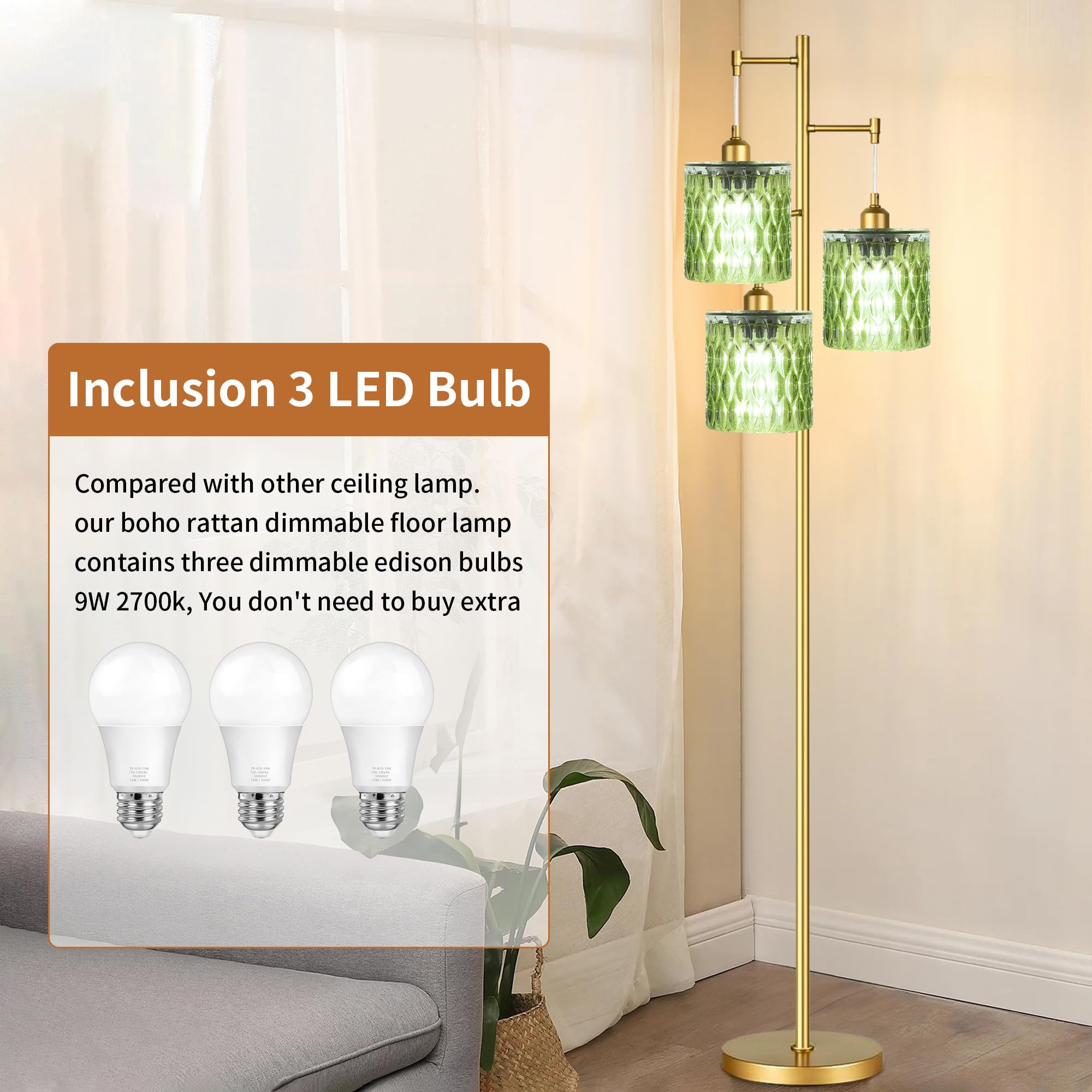 AHDWDW Gold Floor Lamp for Living Room Bedroom,Modern Floor Lamps with Unique Amber Glass Shades,68IN Mid Century Tall Flower Standing Lamp,Vintage 3 Lights Tree Floor Lamp for Corner Office Reading