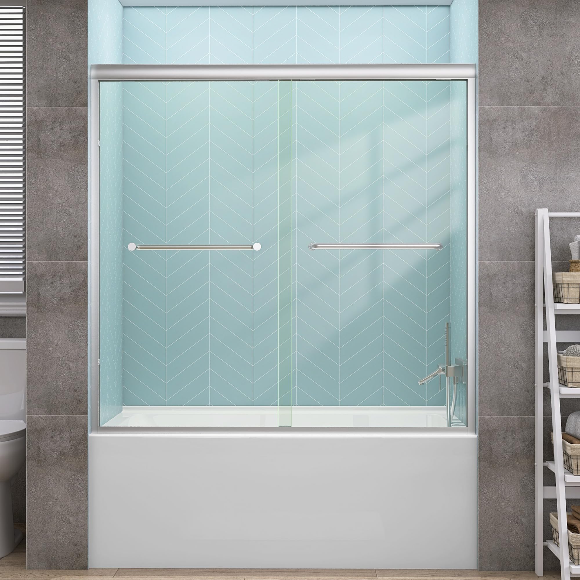 GETPRO Shower Door Sliding 44-48 in. W x 72 in. H Semi-Frameless Bypasss Double Sliding Doors for Shower,1/4 inch Clear Tempered Walk-in Shower Glass Door Brushed Nickel