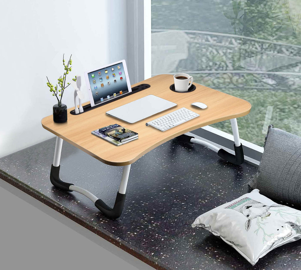 Slendor Lap Desk with Cup Holder, Foldable Laptop Table for Bed, Portable Bed Desk for Laptop and Writing, Computer Tray with Tablet Slot, Notebook Stand Reading Holder for Couch Sofa Floor,Black
