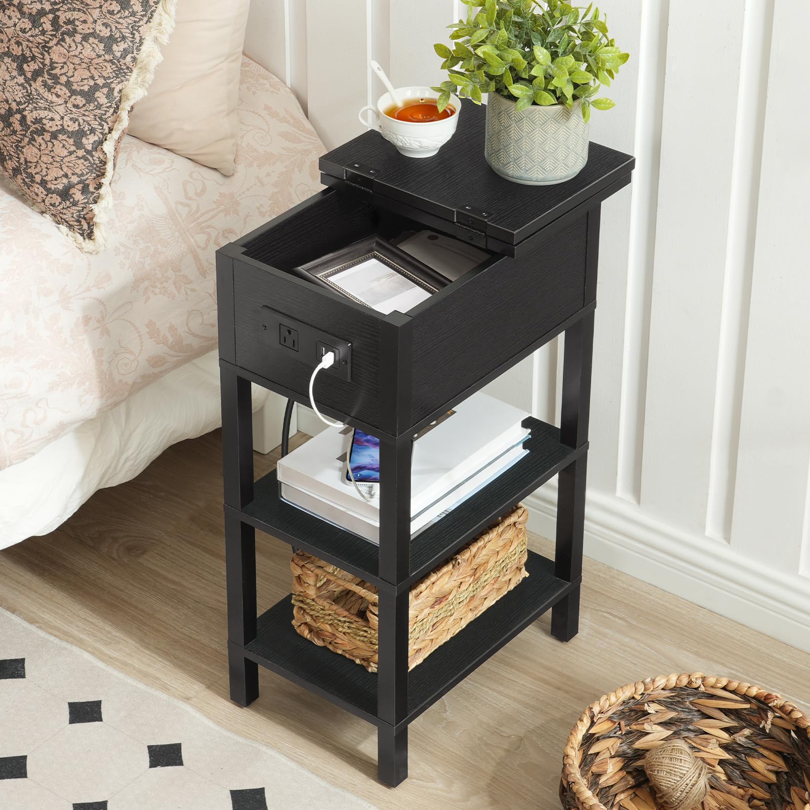 HOOBRO End Table with Charging Station, Flip Top Side Table with USB Ports, Narrow Nightstand Bedside Tables with Storage Shelves, for Small Space, Living Room, Black BK141UBZ01