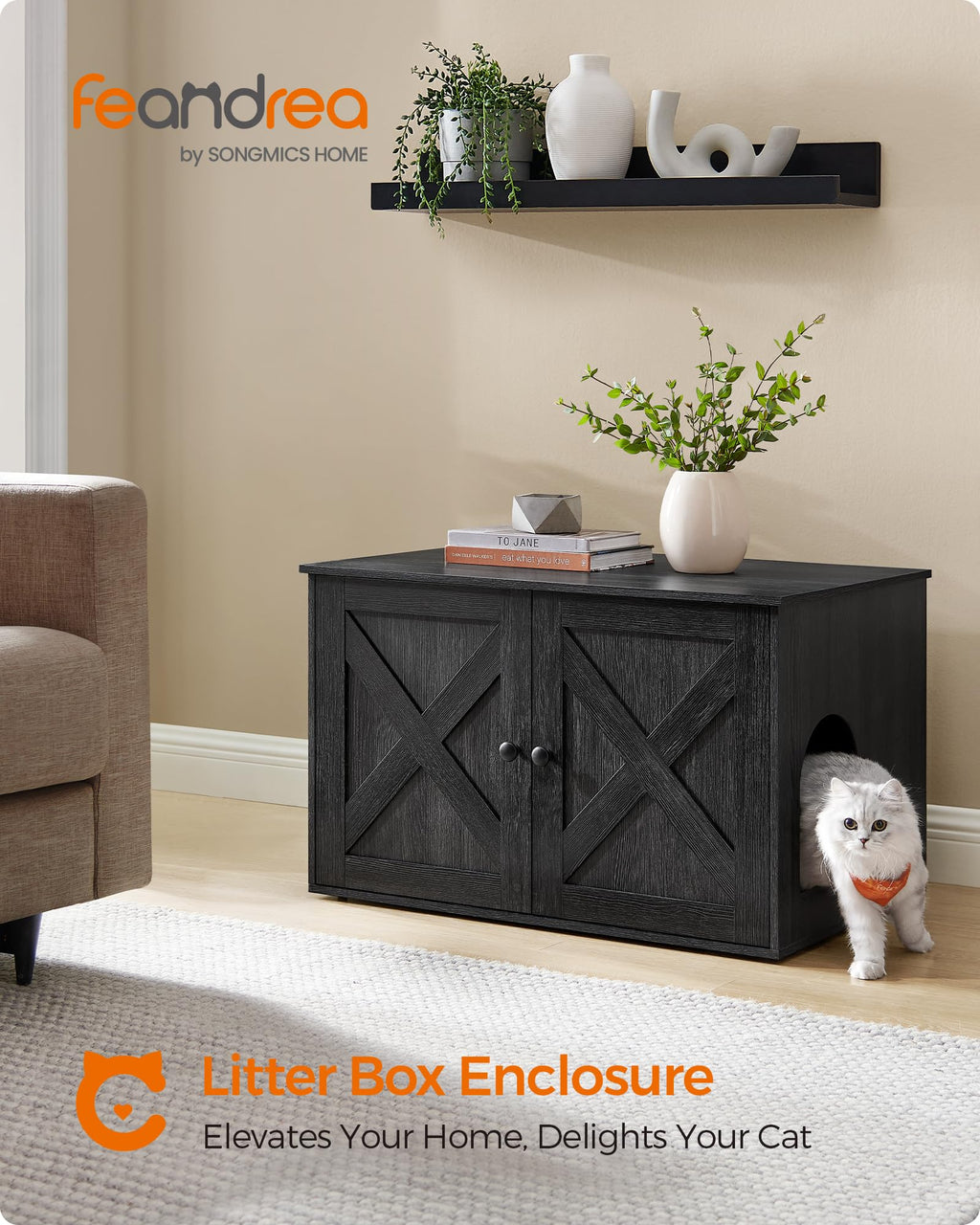 Feandrea Cat Litter Box Enclosure, Litter Box Furniture Hidden, Indoor Cat House, End Table, 27.6 x 19.7 x 19.7 Inches, Heather Greige UPCL022K01