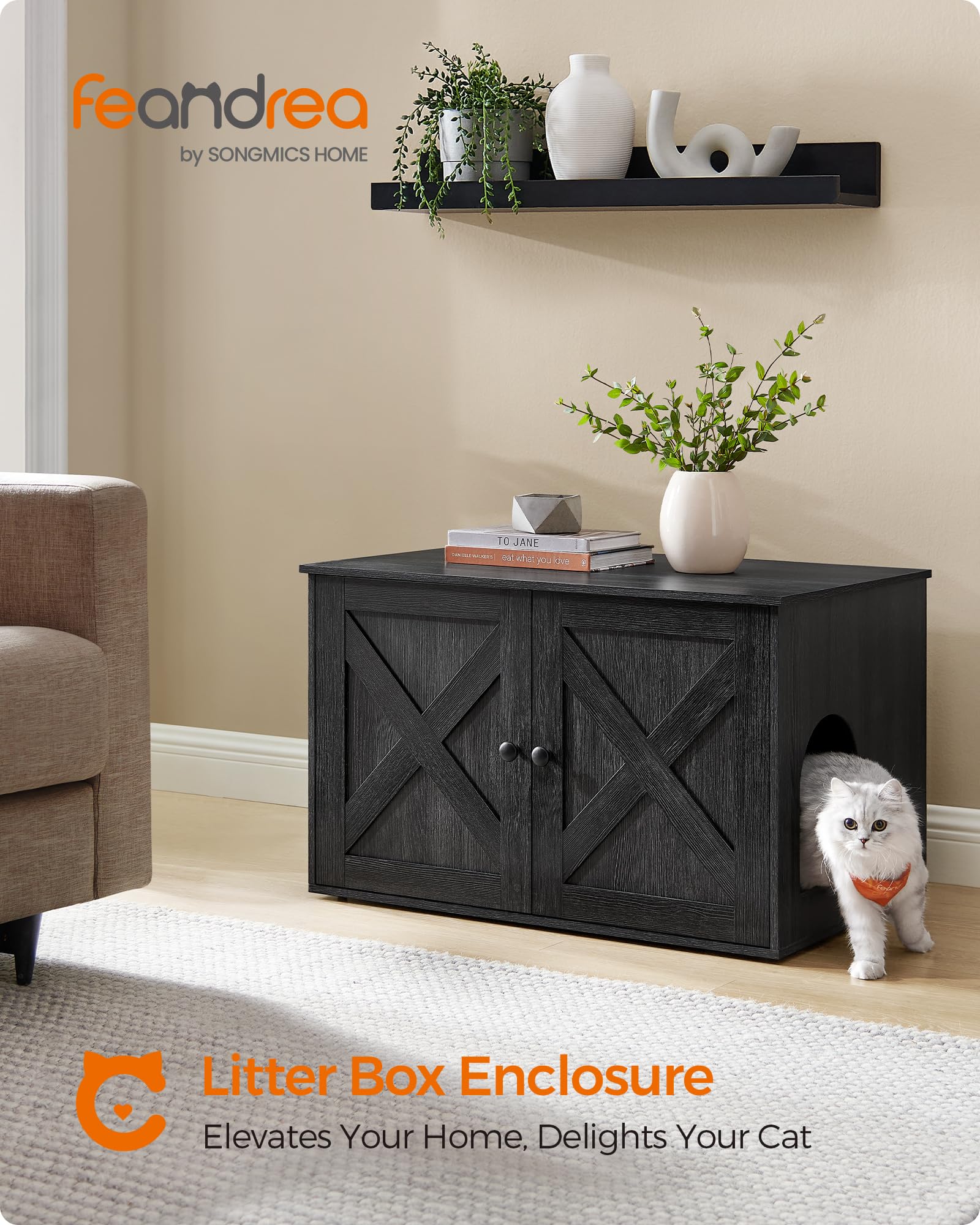 Feandrea Cat Litter Box Enclosure, Litter Box Furniture Hidden, Indoor Cat House, End Table, 27.6 x 19.7 x 19.7 Inches, Heather Greige UPCL022K01