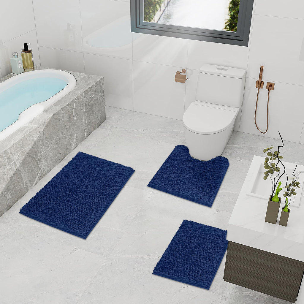TREETONE Chenille Bath Mat 3 Pieces Bathroom Rugs Set, 20x20 Inches U-Shape Contoured Toilet Mat & 20x32 Inches Rug & Lid Cover,Water Absorbent Plush Rugs for Tub Shower & Bath Room -Beige