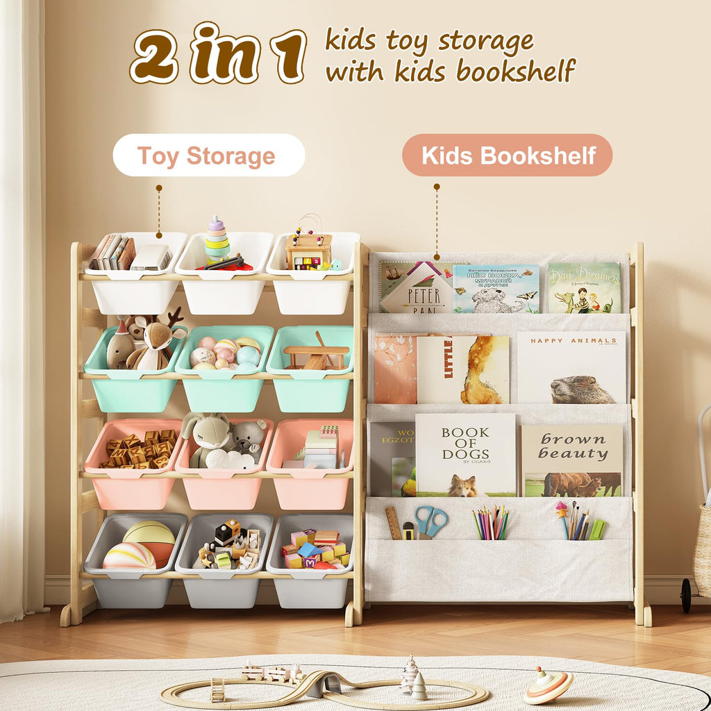 EXPERLAM Toy Storage Organizer with Bookshelf - 12 Storage Bins 4-Tier Multipurpose Shelf to Organize Toys and Books for Kids Room, Playroom, Nursery Room, Blue
