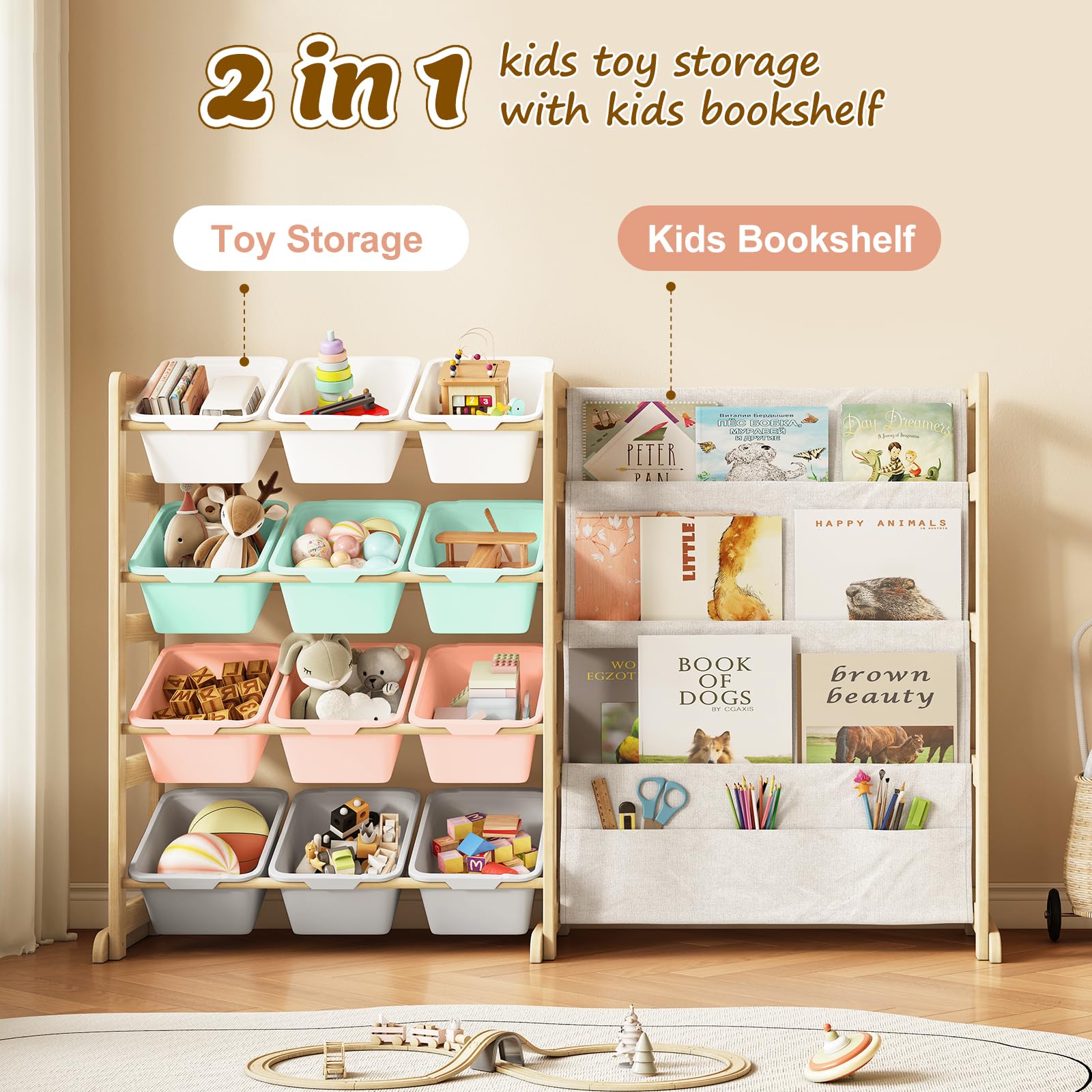 EXPERLAM Toy Storage Organizer with Bookshelf - 12 Storage Bins 4-Tier Multipurpose Shelf to Organize Toys and Books for Kids Room, Playroom, Nursery Room, Blue
