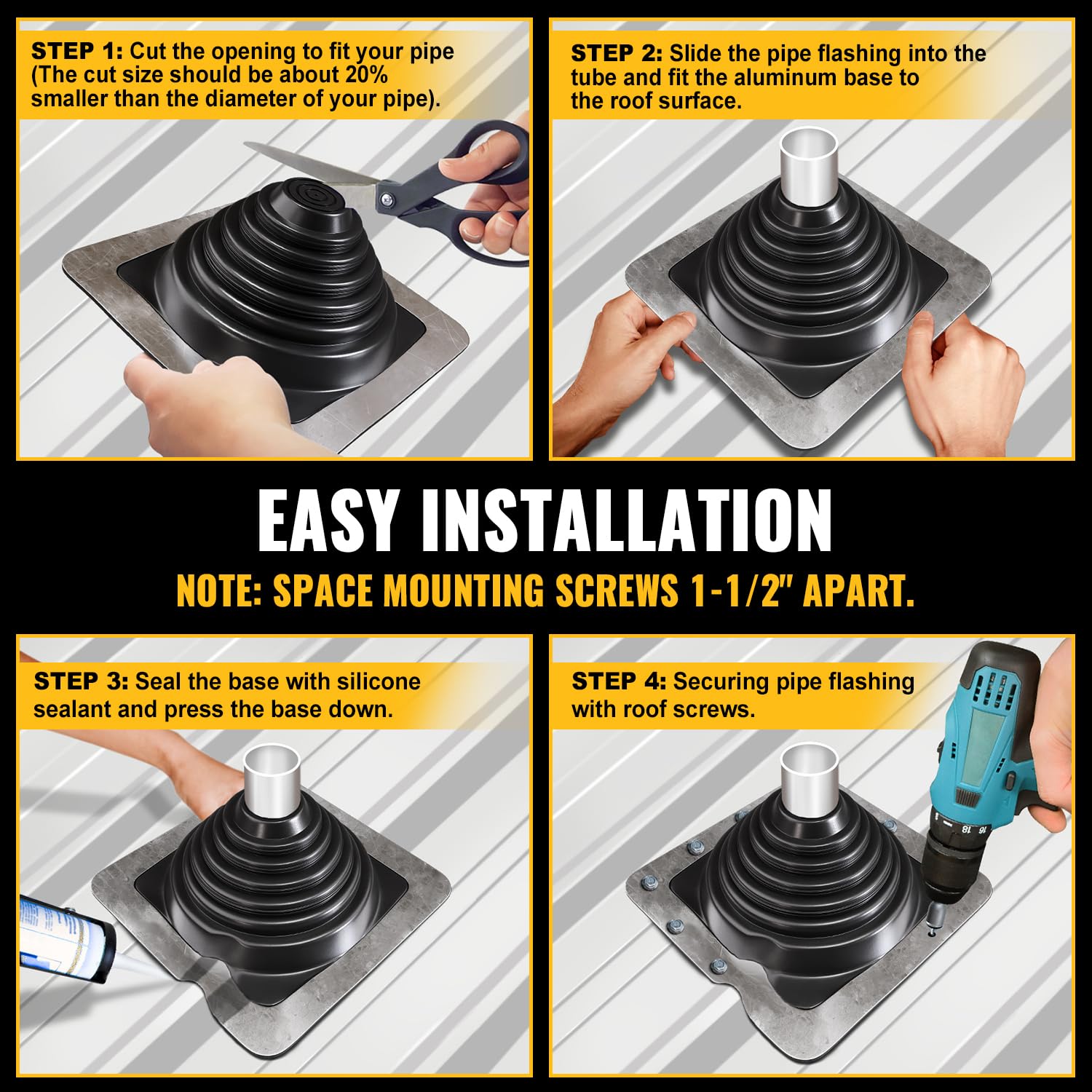 VIVIDA #1 Metal Roof Pipe Flashing, Metal Roofing Pipe Boot Kit, High Temp Silicone Vent Boot, for Tube OD 1/4" to 2", Square Base, Screws & Hex Socket Included, 1 Pack, Black