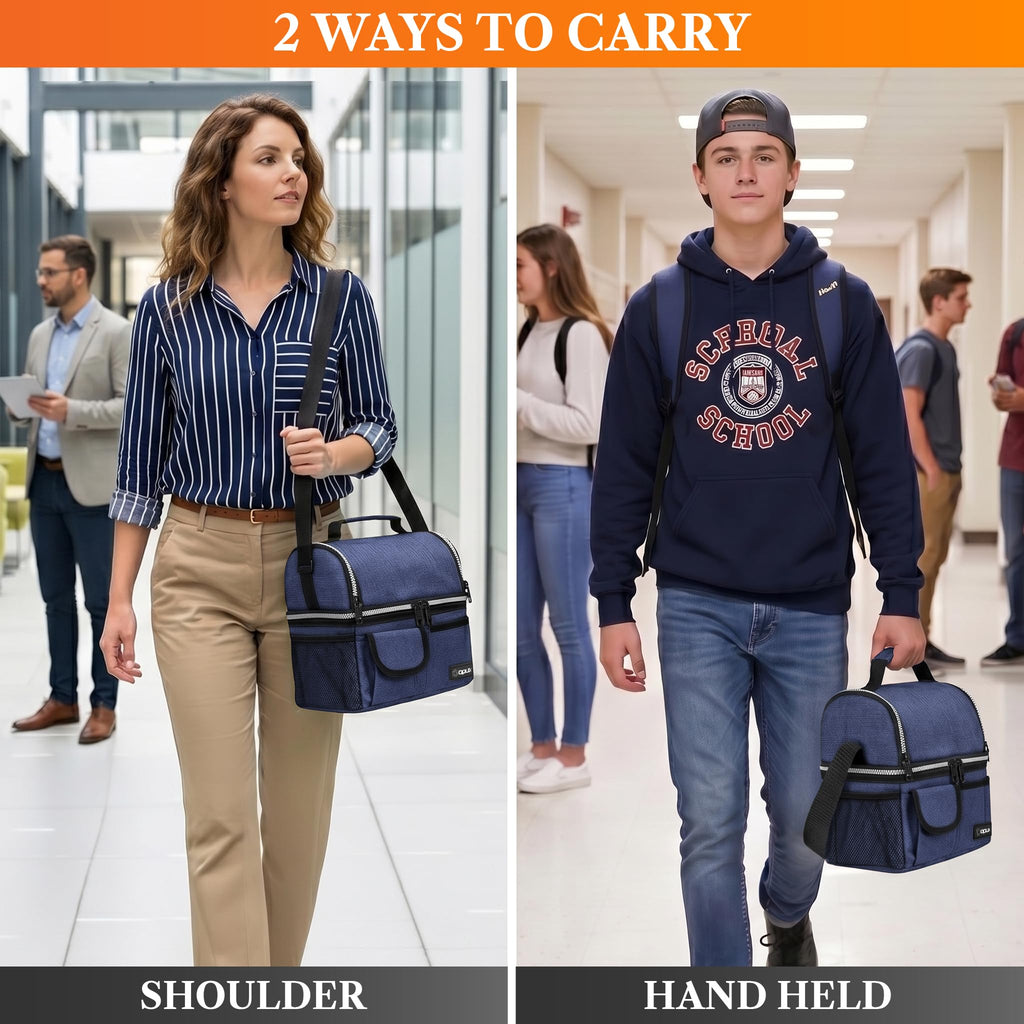 opux Insulated Lunch Bag Women Men, Dual Compartment Leakproof Lunch Box Adults Kids, Double Decker Meal Prep Bento Lunch Cooler Tote with Shoulder Strap for Work Office School Travel, Black