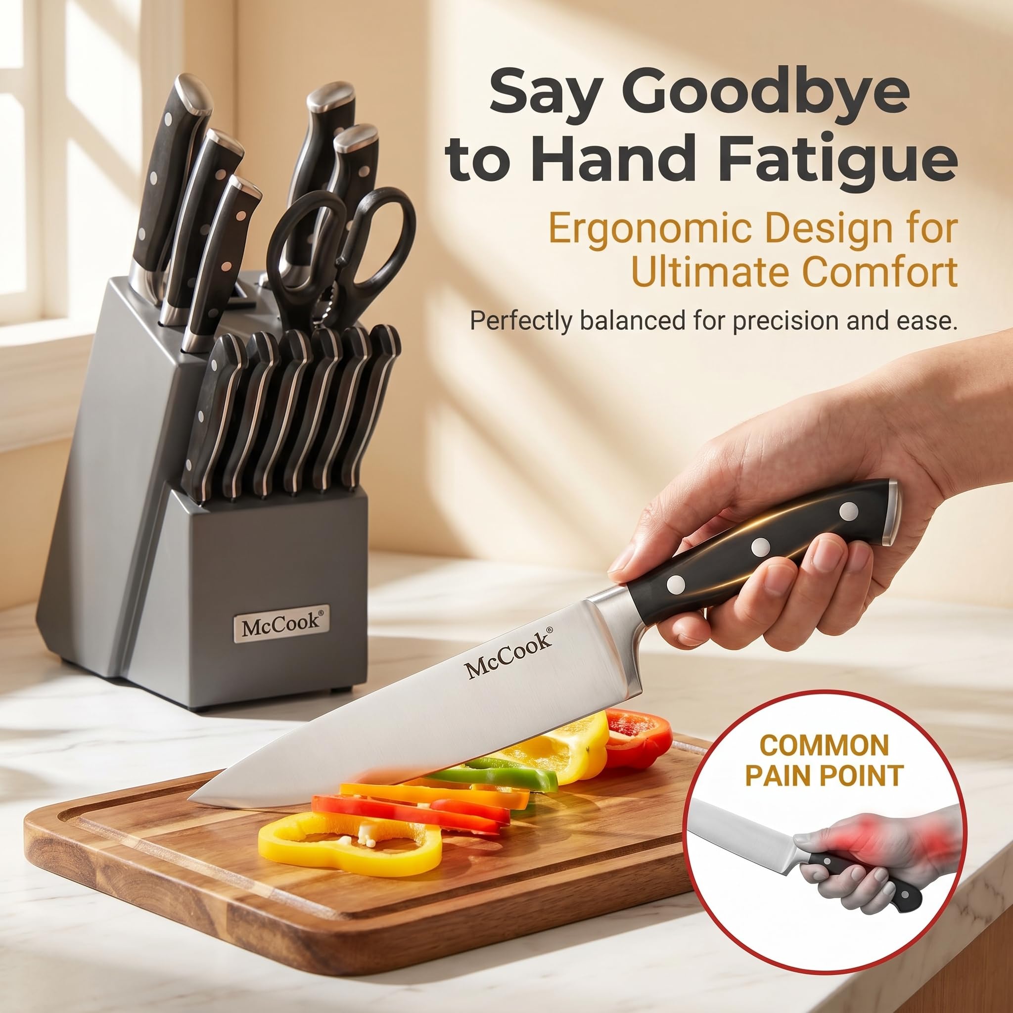 McCook® Knife Sets,German Stainless Steel Kitchen Knife Block Set with Built-in Sharpener, 20-Piece Razor-Sharp Kitchen Knives, Forged Triple Rivet,Full Tang,Ergonomic Handle,Elegant Box for Gift
