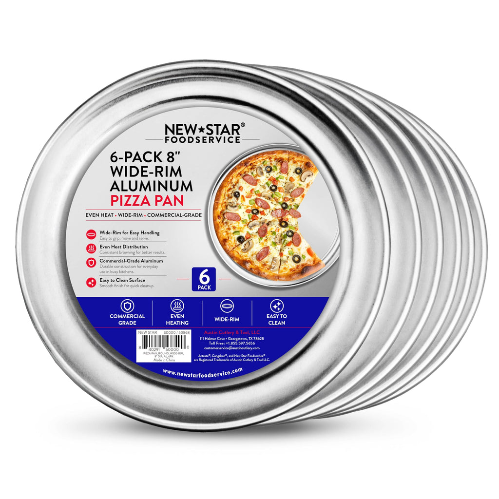 New Star Foodservice Restaurant-Grade Aluminum Pizza Pan/Tray, Wide Rim, 8 Inch, Pack of 6