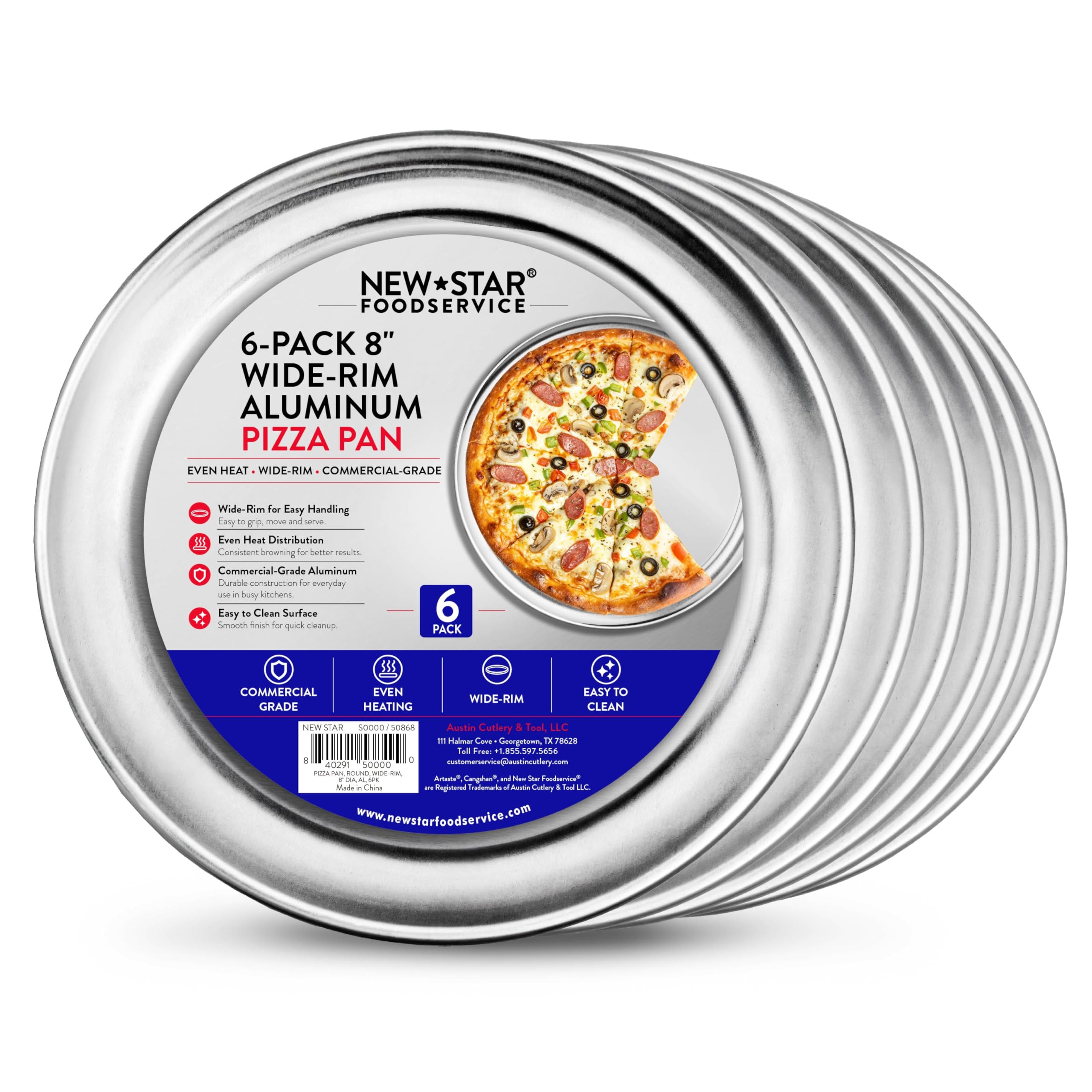 New Star Foodservice Restaurant-Grade Aluminum Pizza Pan/Tray, Wide Rim, 8 Inch, Pack of 6