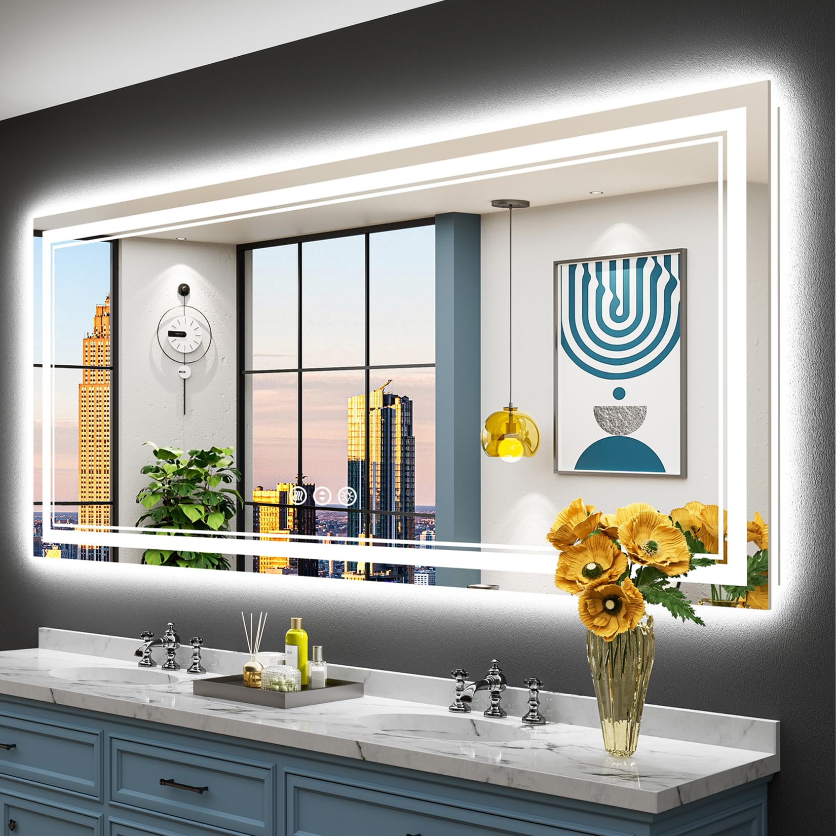 24x32 Black Framed LED Bathroom Mirror with Lights, Backlit and Front Lit Anti-Fog Lighted Vanity Mirrors for Bathroom Wall, Dimmable, 3 Colors, Memory, HD Tempered Glass, Horizontal/Vertical