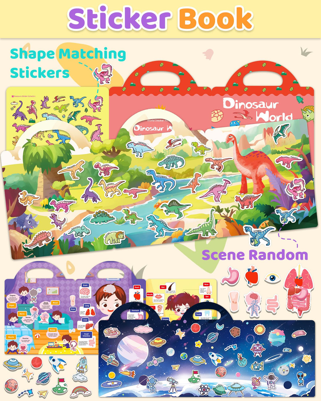 Benresive Reusable Sticker Book for Toddlers, Stickers for Kids, Travel Toys for Arts & Crafts Activities, Birthday Gift for Boys & Girls, Animals Dinosaurs Insects Themes