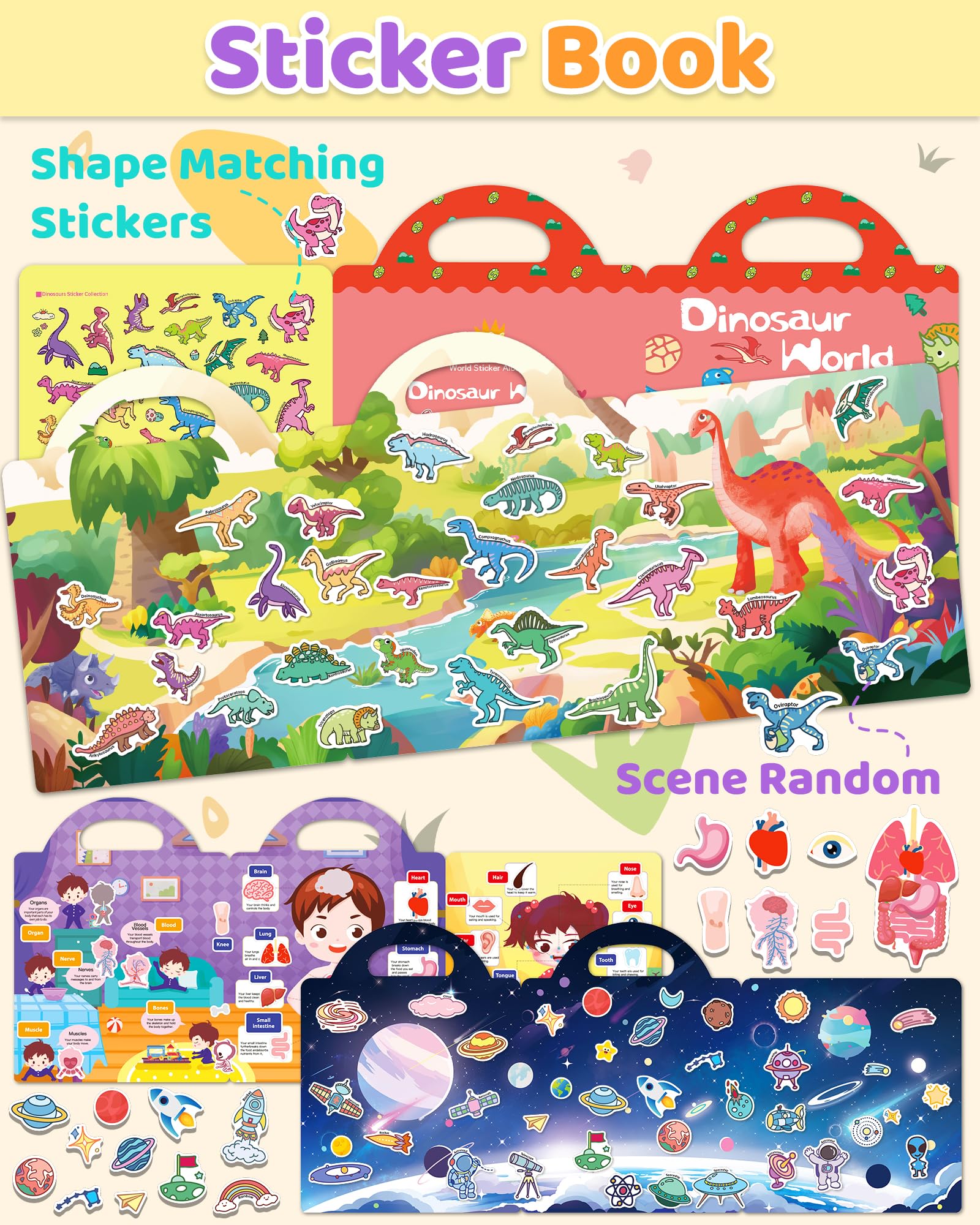 Benresive Reusable Sticker Book for Toddlers, Stickers for Kids, Travel Toys for Arts & Crafts Activities, Birthday Gift for Boys & Girls, Animals Dinosaurs Insects Themes