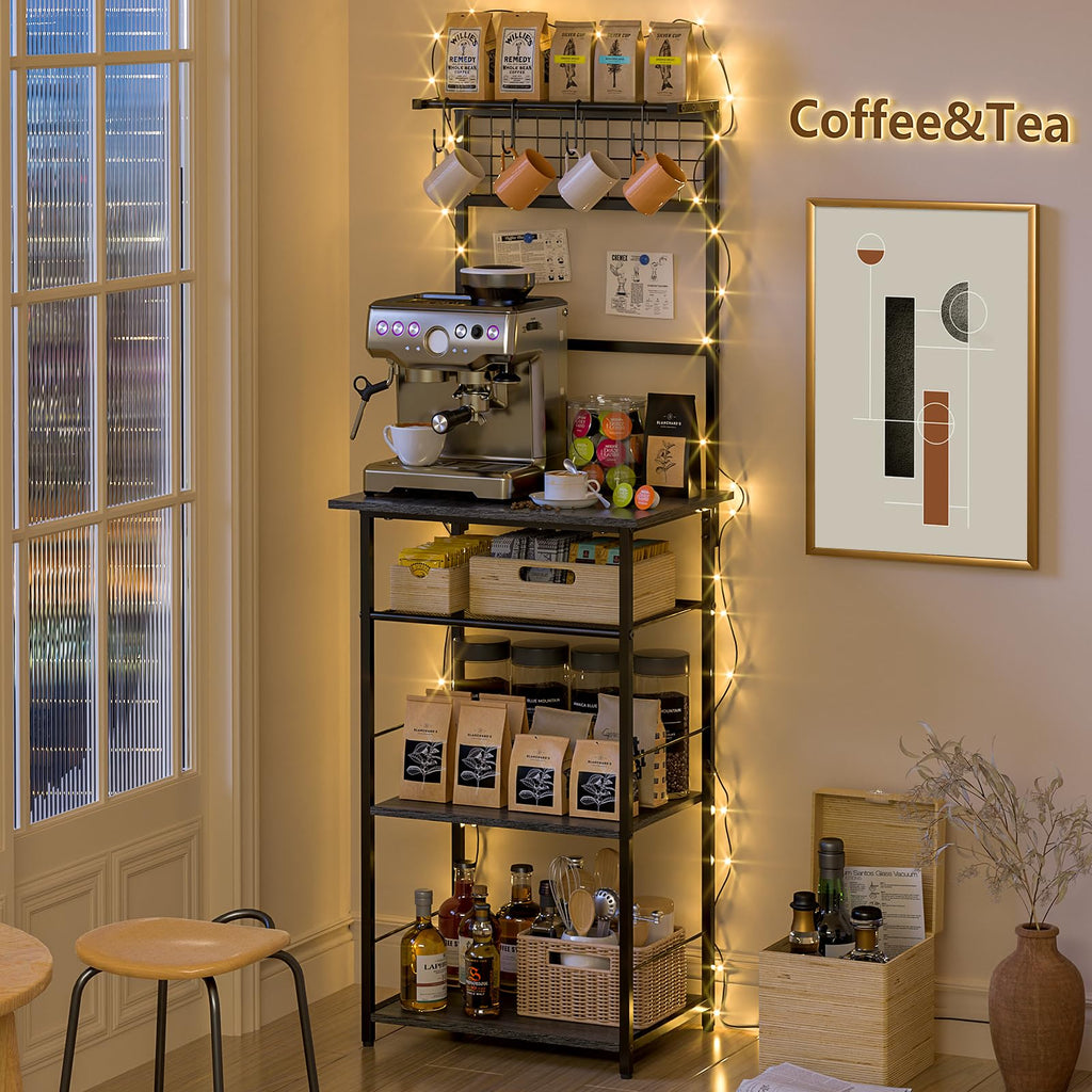 5 Tier Coffee Bar Station, Kitchen Stand with 4 S-Shaped Hooks, Farmhouse Corner Coffee Bar Cabinet for Small Spaces, Bakers Rack for Kitchen, Entryway, Living Room, 13.43"D x 18.93"W x 53.31"H