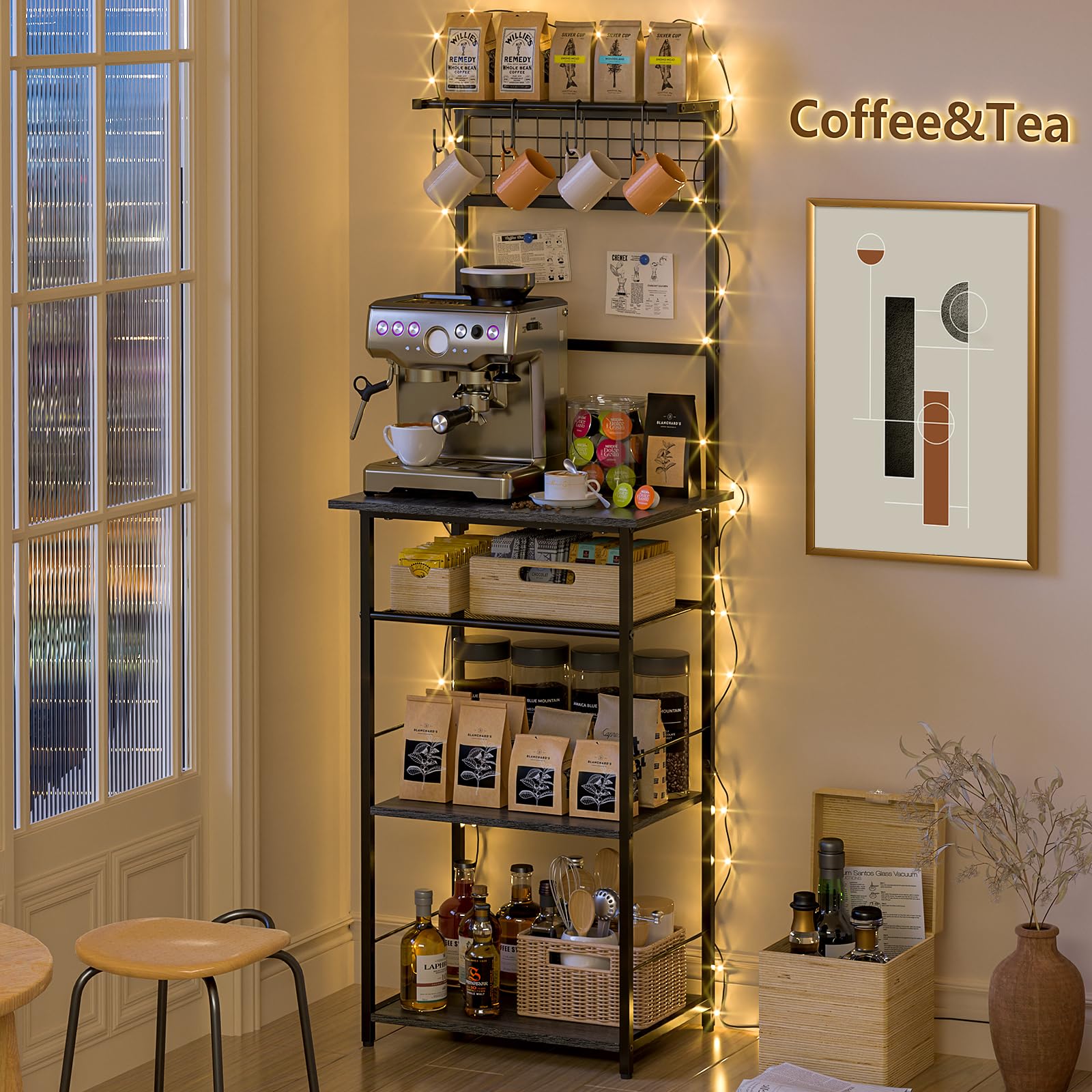 5 Tier Coffee Bar Station, Kitchen Stand with 4 S-Shaped Hooks, Farmhouse Corner Coffee Bar Cabinet for Small Spaces, Bakers Rack for Kitchen, Entryway, Living Room, 13.43"D x 18.93"W x 53.31"H