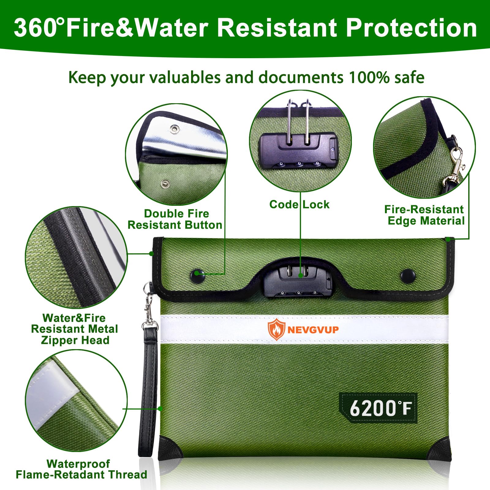 Fireproof Money Bag 4200°F - Heat Insulated, 9.8 x 6.5" Small Fireproof Document Bags with Waterproof Zipper, Fire proof Bag with Reflective Strip and Fireproofs Edeging, Fire Pouch Set for Valuables