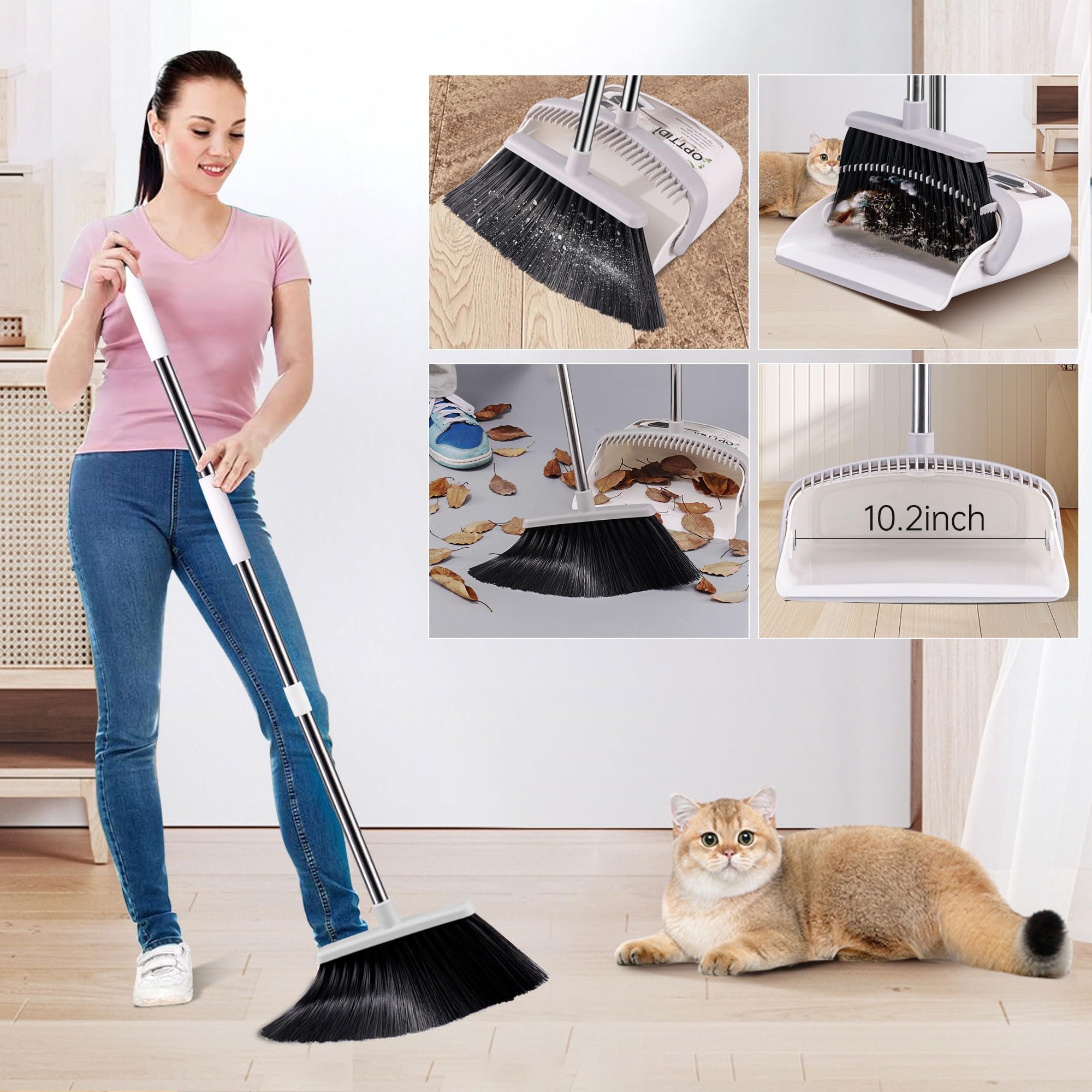 Broom with Dustpan Combo Set, Hand Broom and Dustpan Set for Sweeping Indoor Angle Broom for Home Office Kitchen Lobby Floor Pet Hair Indoor&Outdoor Cleaning (White&Gray)