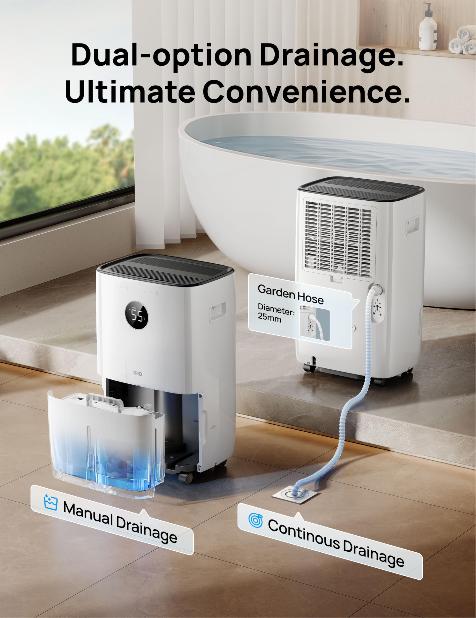DREO 110-Pint Smart Dehumidifier for Basement, 4500 Ft² for Large Room, 2 Gallon Water Tank, Auto/Comfort/Constant Mode Dehumidifiers for Home, Bedroom, Bathroom, with Drain Hose, Black, 711S