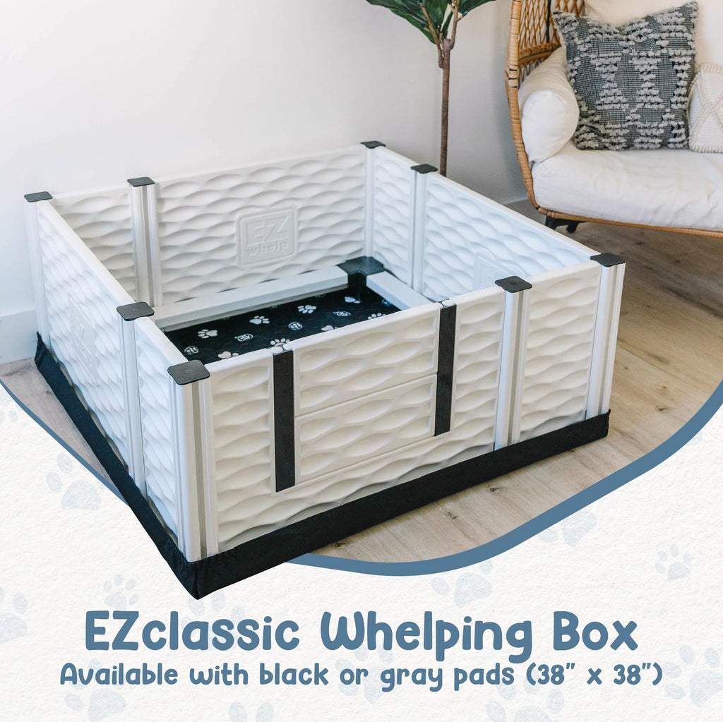 EZwhelp EZclassic Windowed 48"x48"x18" Whelping Box with Rails and Windowed Walls, Padded Dog Whelping Box, Black Pad