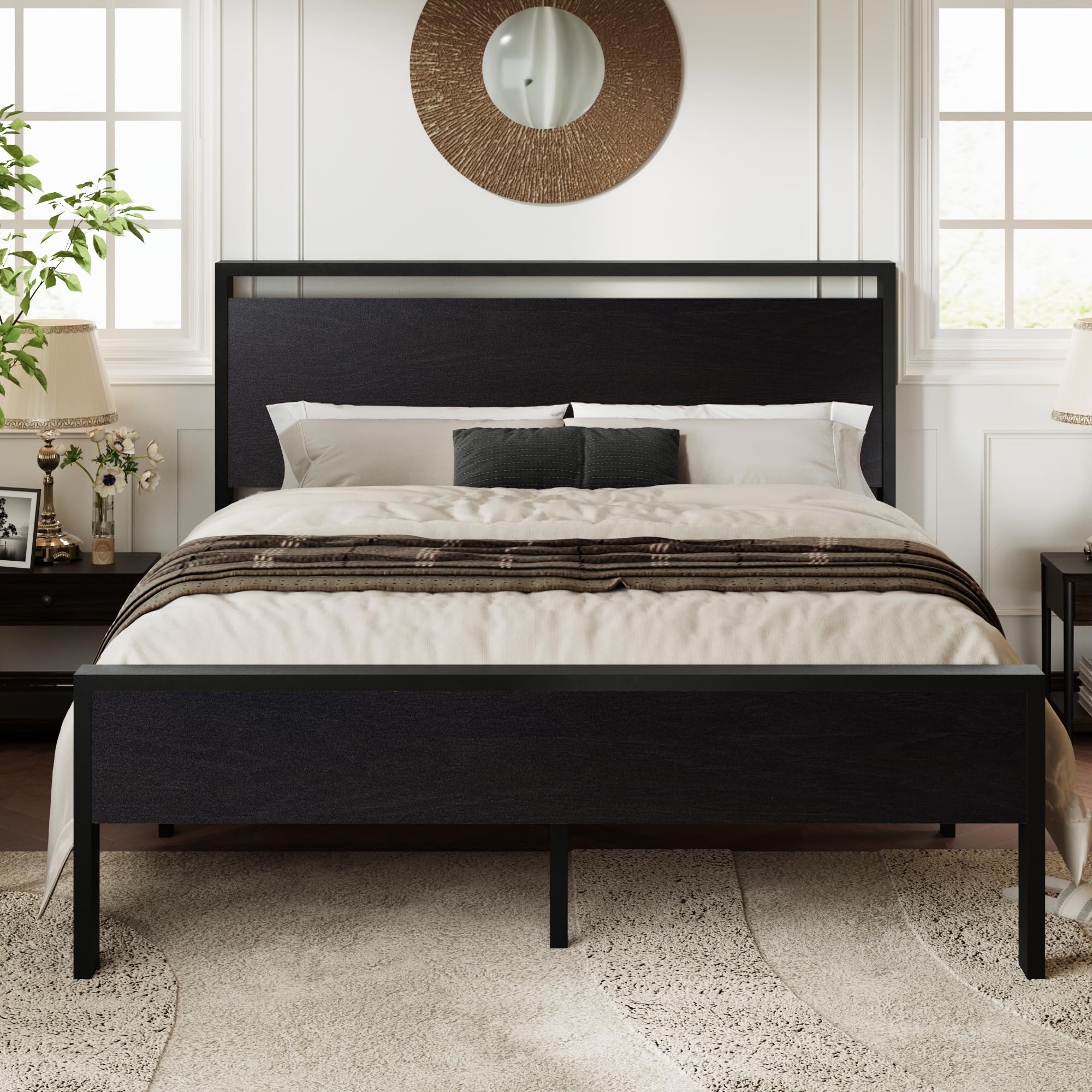 Allewie Twin Size Platform Bed Frame with Wooden Headboard and Footboard, Heavy Duty Metal Slats Support, No Box Spring Needed, Under-Bed Storage, Noise Free, Easy Assembly, Black Oak