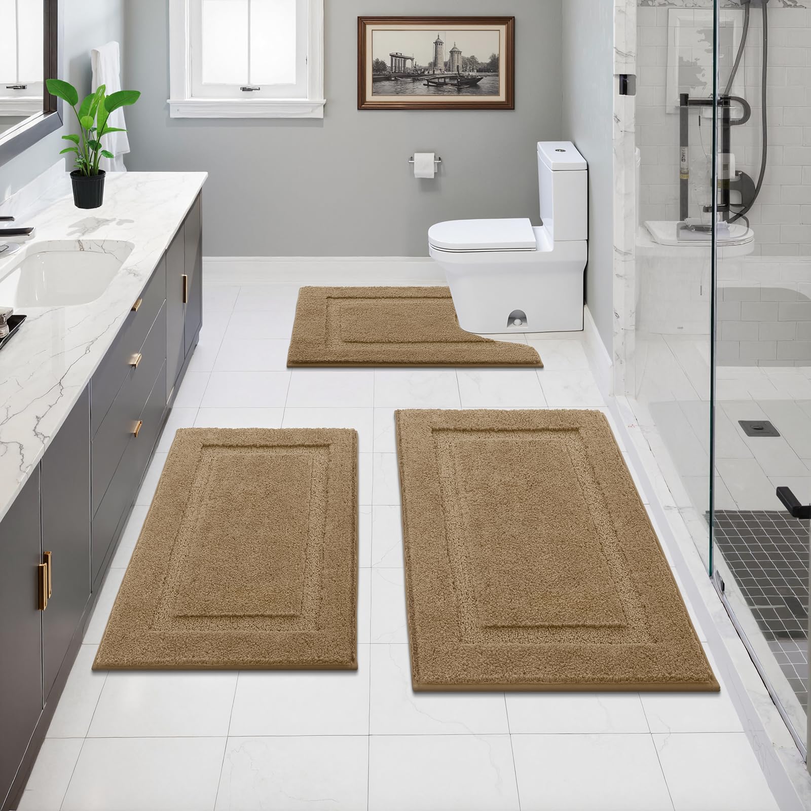SHACOS Black Bathroom Rugs Sets 3 Piece, 16"x24" + 20"x32" Non Slip Bath Mat and 20"x24" Toilet Rugs U Shaped Washable, Soft Fluffy Water Absorbent Bath Rugs for Bathroom