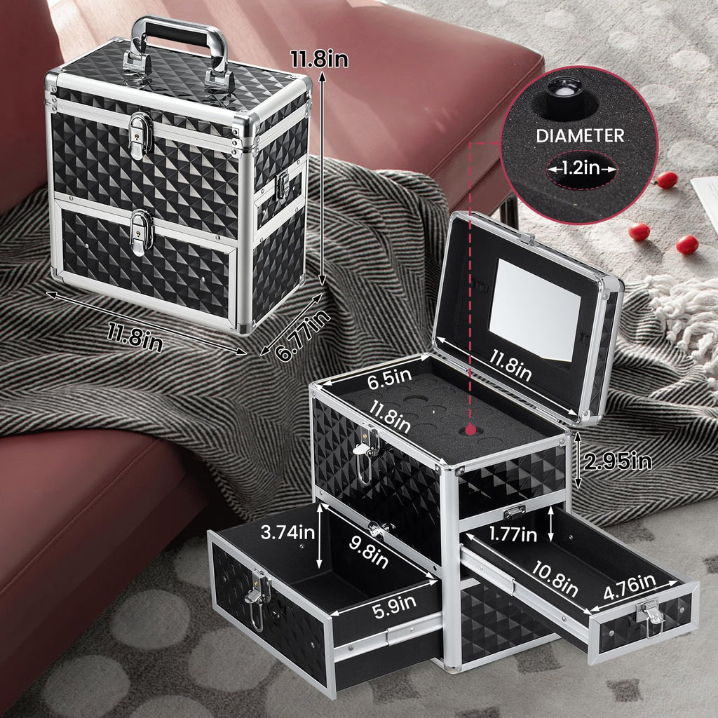 Frenessa Nail Polish Makeup Train Case with Drawer and Dividers Manicure Organizer Accessory Storage Makeup Box With Mirror Lockable Keys Nail Kit Organizer Cosmetic Case Jewelry Box - Black