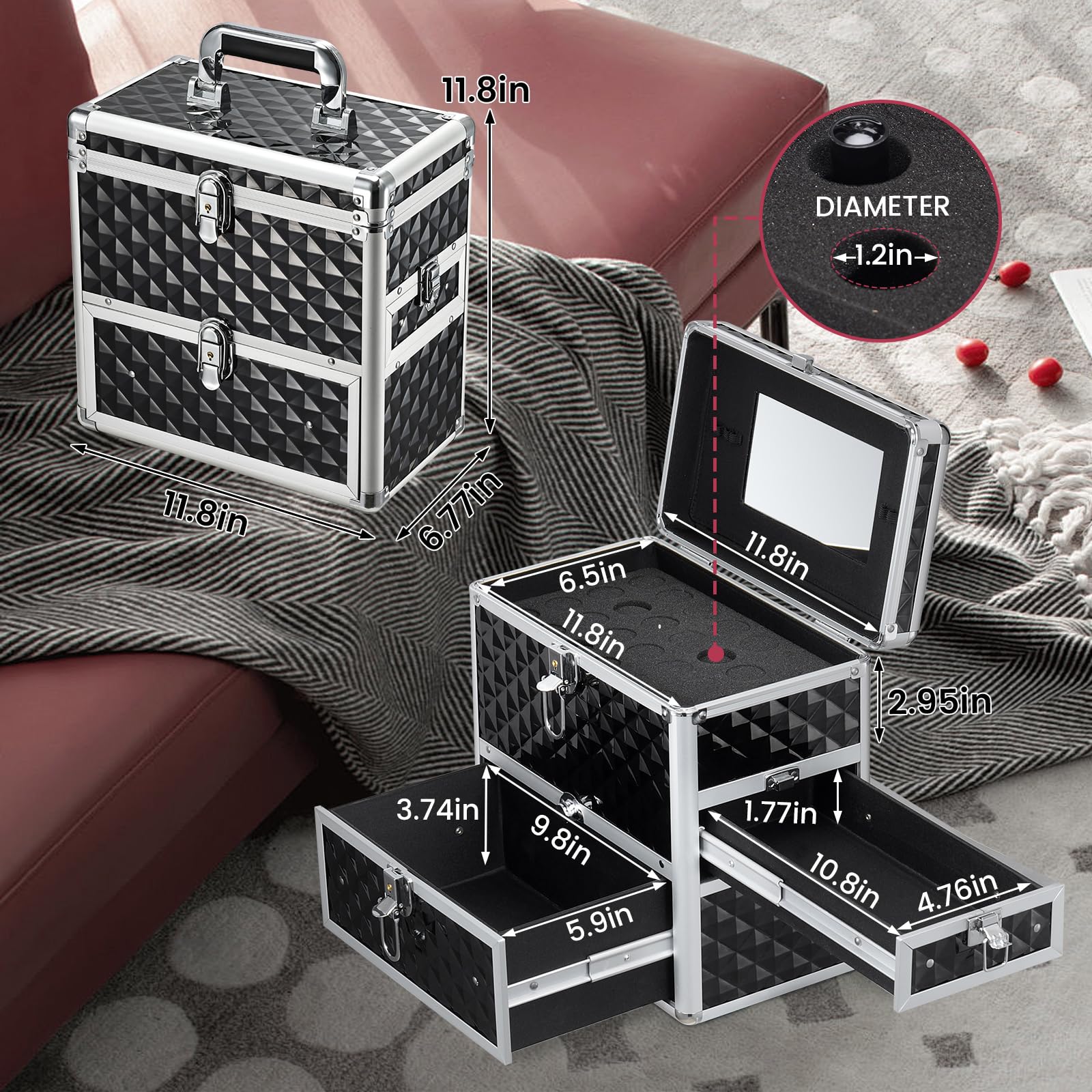 Frenessa Nail Polish Makeup Train Case with Drawer and Dividers Manicure Organizer Accessory Storage Makeup Box With Mirror Lockable Keys Nail Kit Organizer Cosmetic Case Jewelry Box - Black