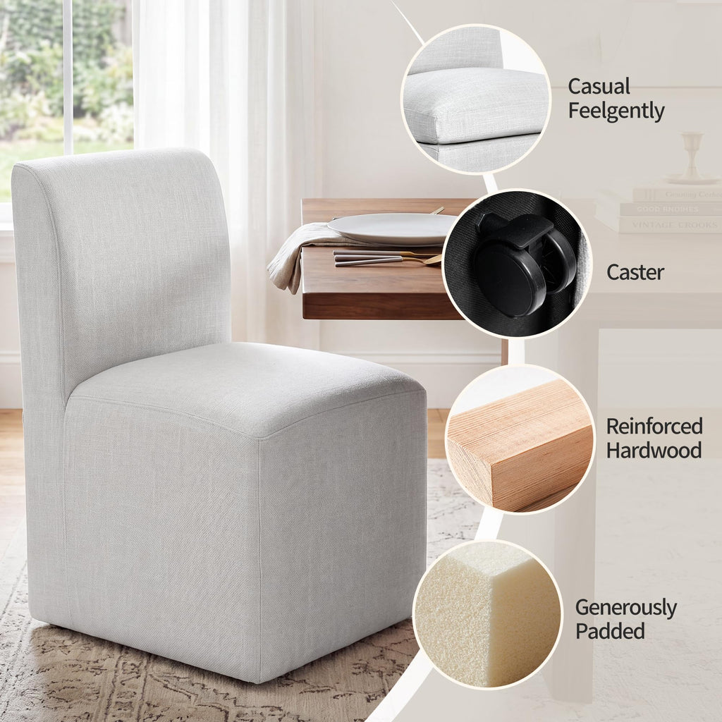 DUHOME Upholstered Dining Chair with Casters,Armless Modern Rolling Linen Dining Chairs with Wheels for Dining Room Bedroom Reading Room Living Room