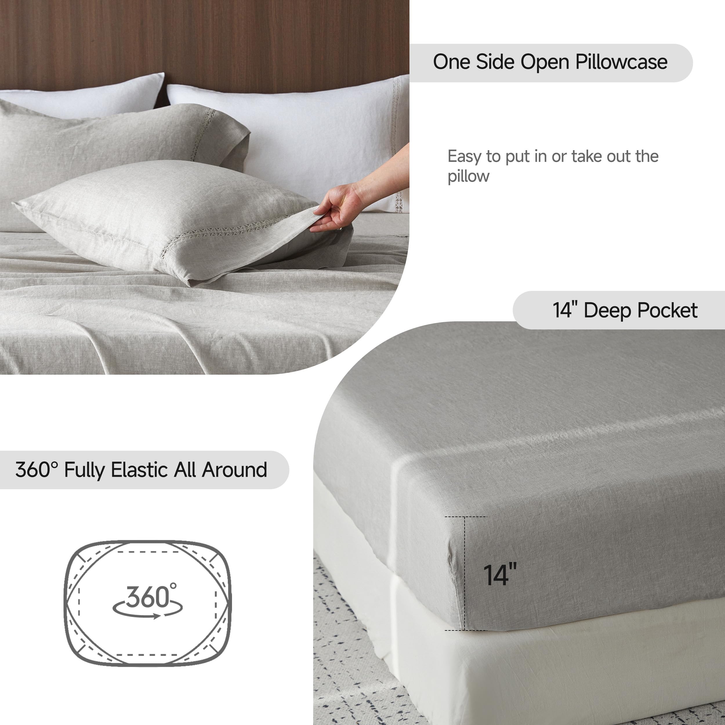 Simple&Opulence 100% Pure Linen Sheet Set Twin Size, Natural French Flax Solid Color 3 Pcs Washed Breathable, Farmhouse Bedding (1 Flat Sheet,1 Fitted Sheet,1 Pillowcase)-Embroidery Dark Grey