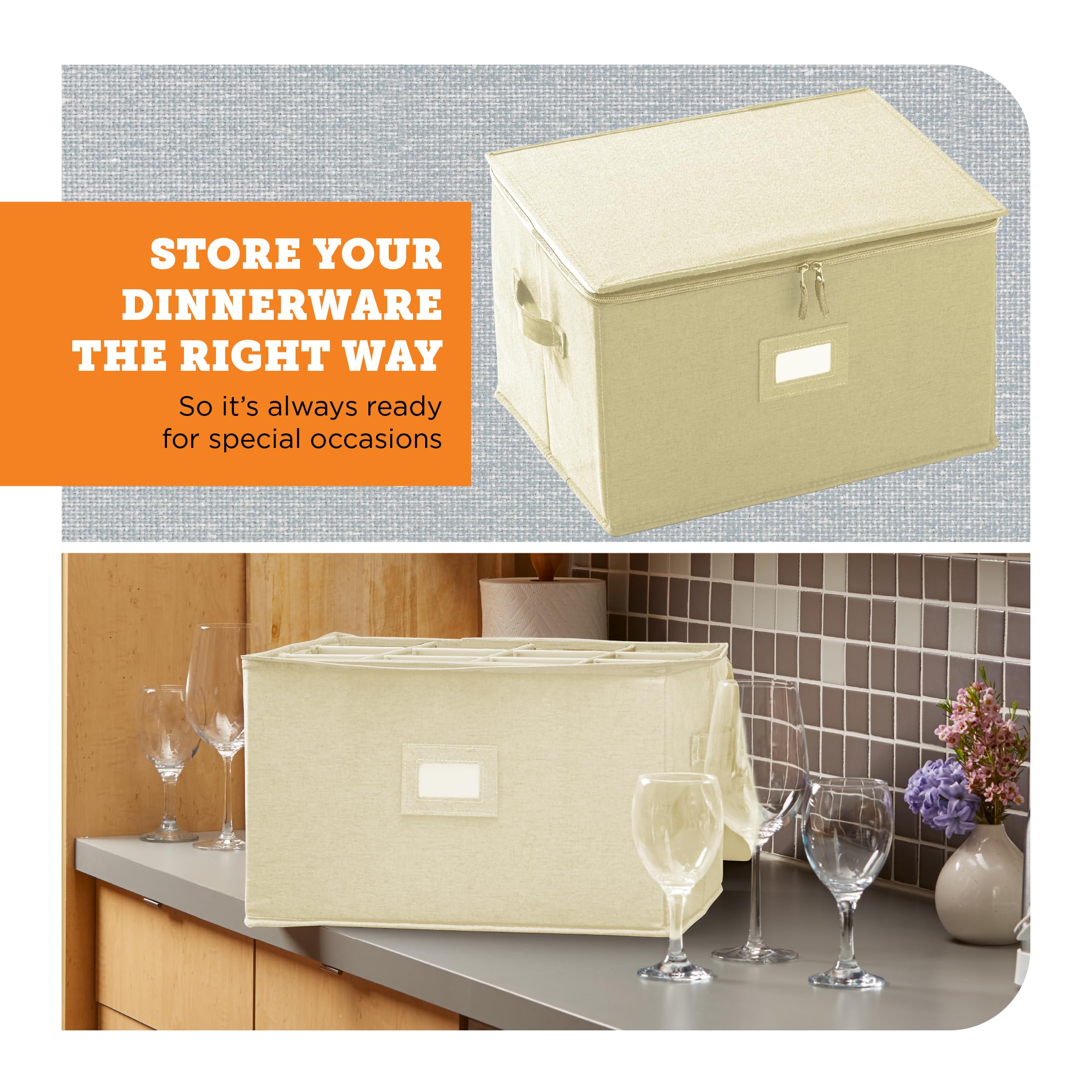 storageLAB Wine Glass Storage Containers, Hard Shell Organizer for Stemware and Glassware Sets, Stackable Wine Glass Storage Box with Dividers for Kitchen and Moving Supplies - 1 Pack, Cream