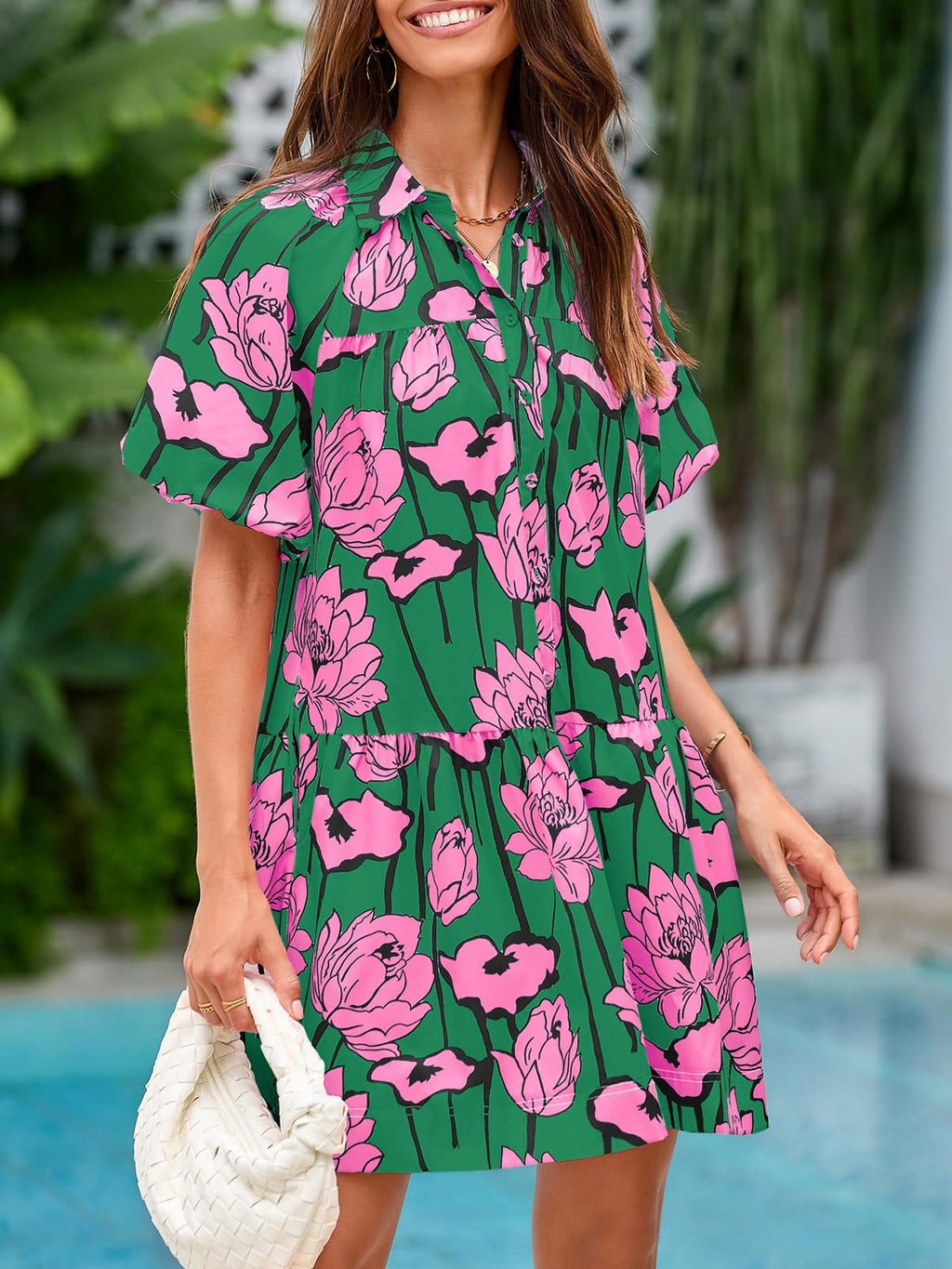 Wenrine Women's Summer Button Down Shirt Dress Floral Puff Short Sleeve Casual Loose Fit Beach Mini Dresses