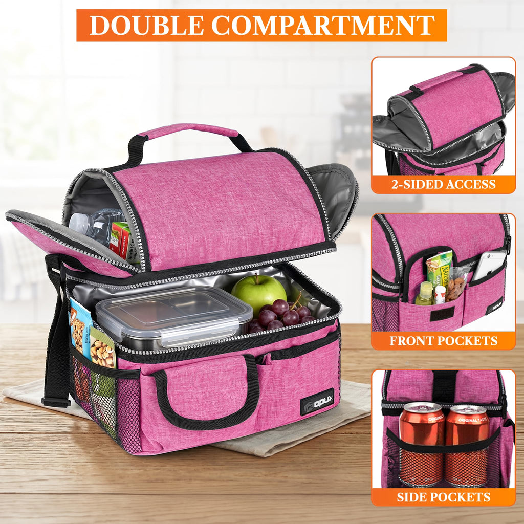opux Insulated Lunch Bag Women Men, Dual Compartment Leakproof Lunch Box Adults Kids, Double Decker Meal Prep Bento Lunch Cooler Tote with Shoulder Strap for Work Office School Travel, Black