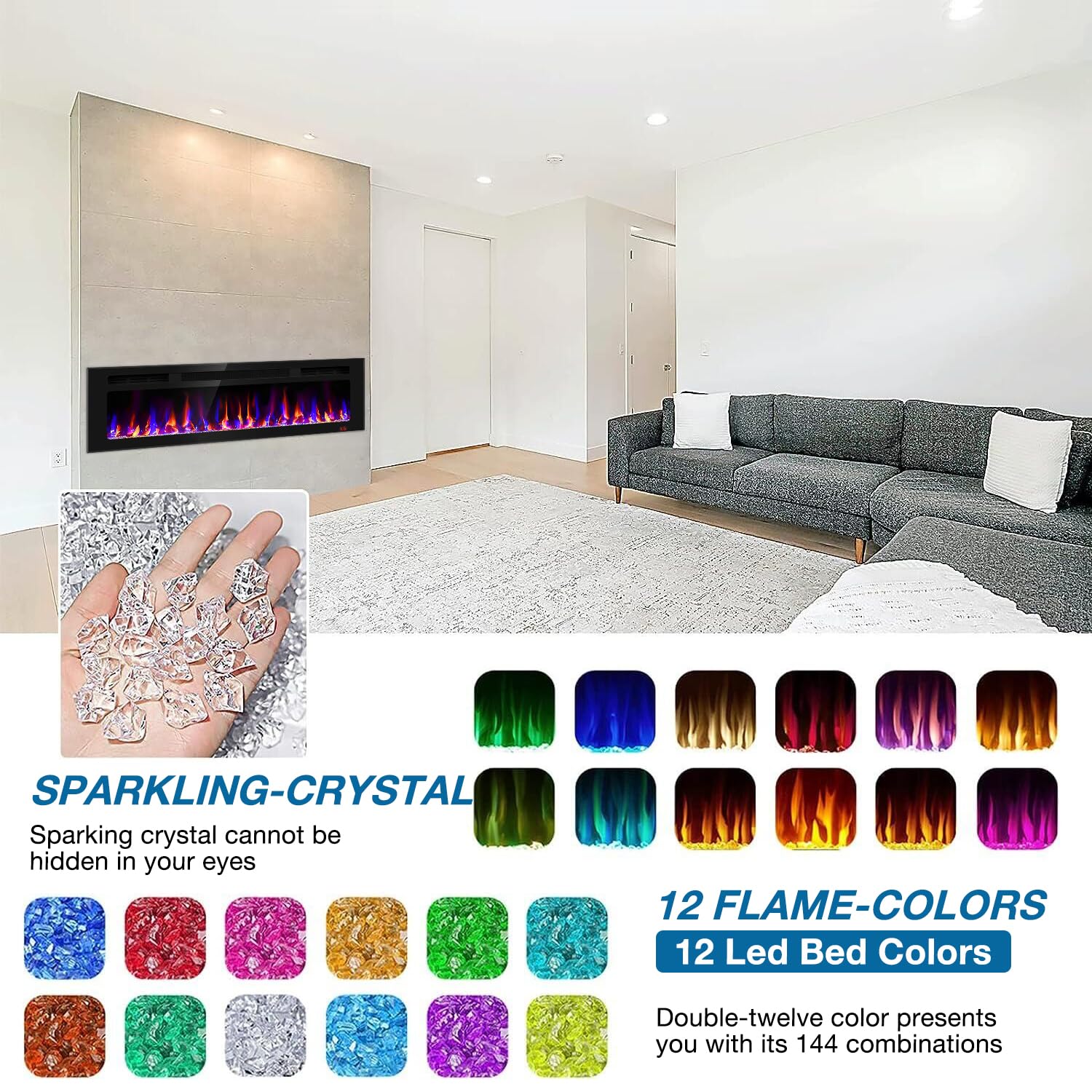 31 Inch Electric Fireplace Recessed and Wall Mounted, Fireplace Heater and Linear Fireplace, Ultra-Thin Electric Fireplace, Low Noise, with Timer, Remote Control, Adjustable 12 Flame Color, 750/1500W