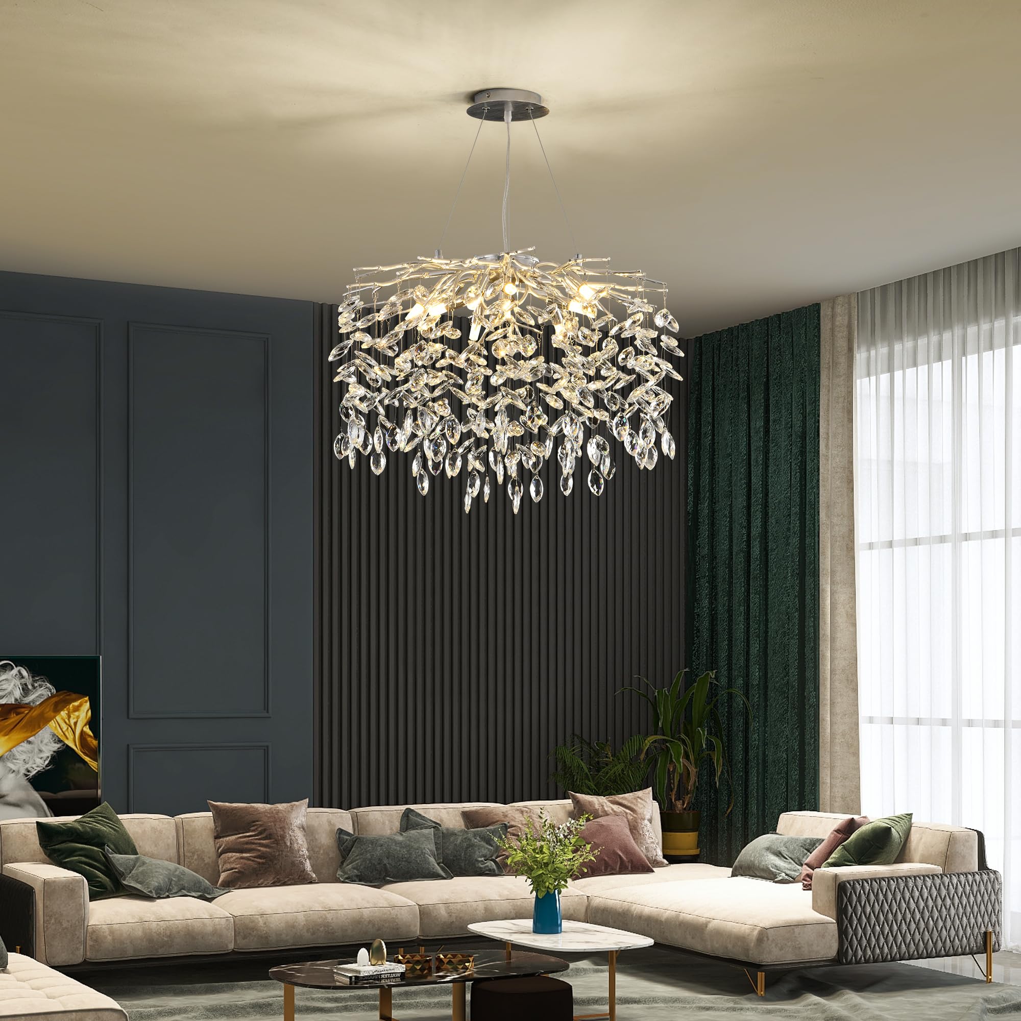 Modern Crystal Raindrop Chandelier, L40'' Black Linear Rectangle Art Deco Tree Branch Lighting Fixture for Kitchen Island Living Room Foyer Staircase 10 Lights