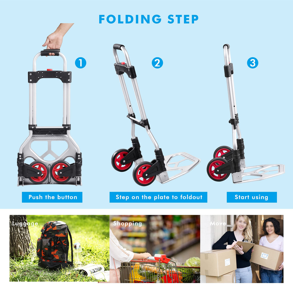 LEADALLWAY Hand Truck Aluminum Foldable Hand Cart with 6" Wheels 220 lbs Capacity