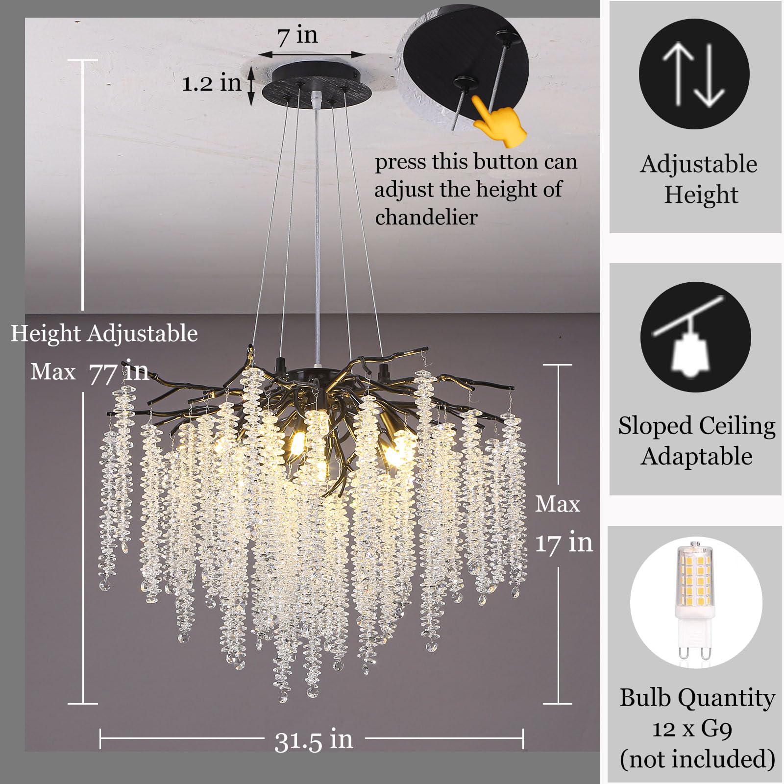 Modern Crystal Raindrop Chandelier, L40'' Black Linear Rectangle Art Deco Tree Branch Lighting Fixture for Kitchen Island Living Room Foyer Staircase 10 Lights