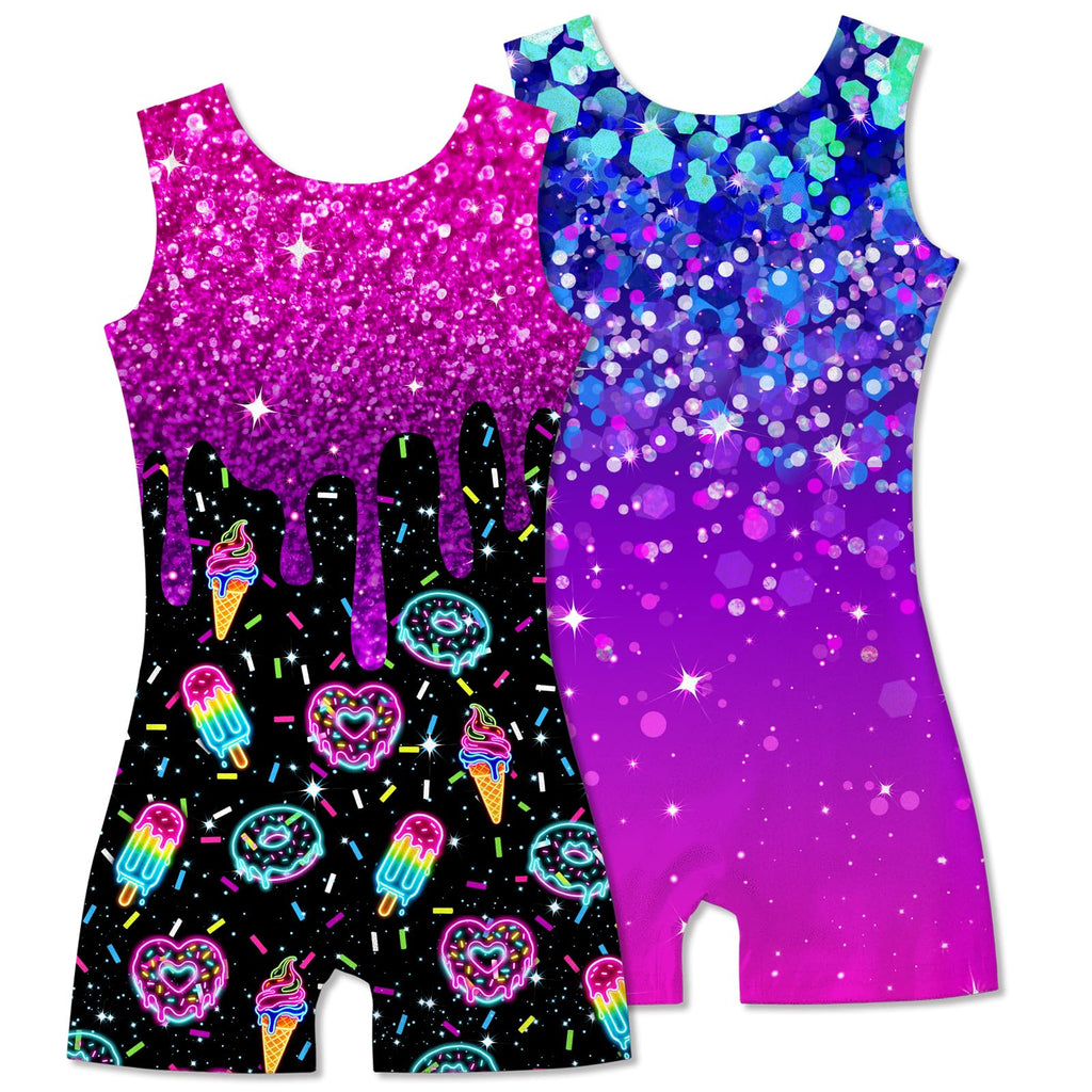 2 Packs Gymnastics Leotards for Girls Mermaid Leopard Dance Leotard Kids Biketard with Shorts